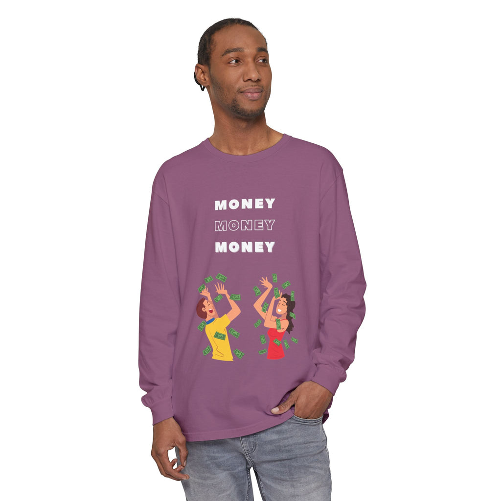Money-Themed Long Sleeve T-Shirt, Funny Graphic Top, Gift for Finance Lovers, Casual Wear, Party Outfit, Unique Apparel