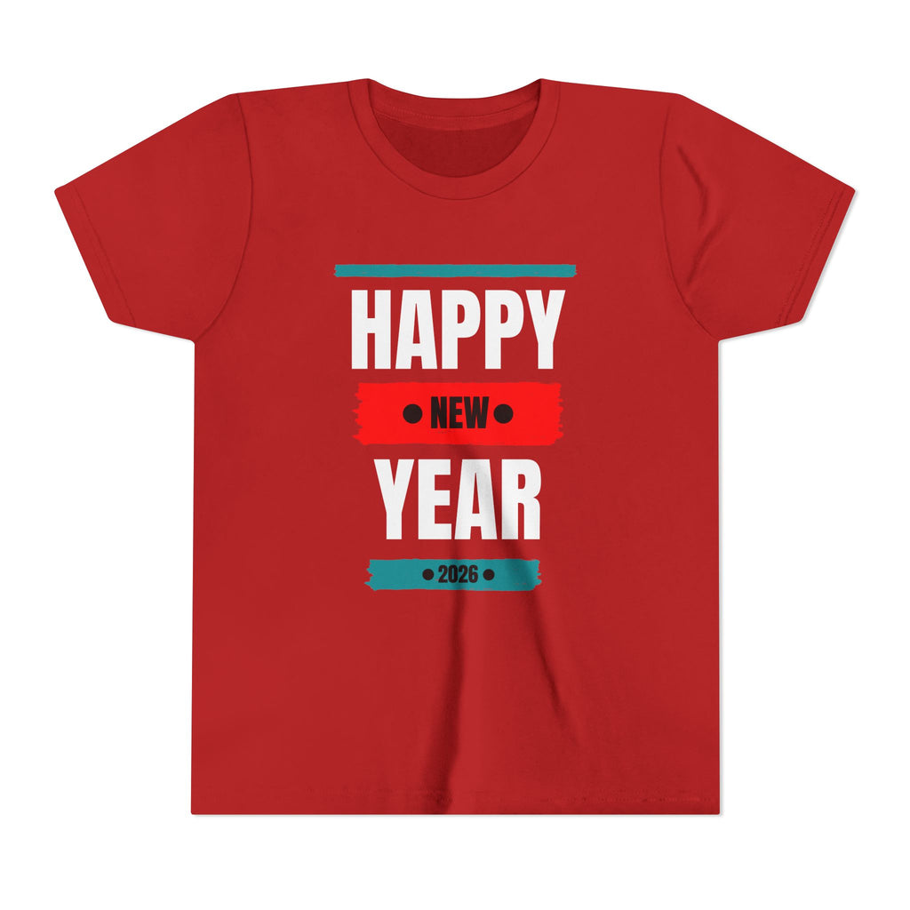 Happy New Year Youth Tee, Short Sleeve Shirt for Kids, Holiday T-Shirt, Party Apparel, Festive Clothing, New Year Celebration Gear