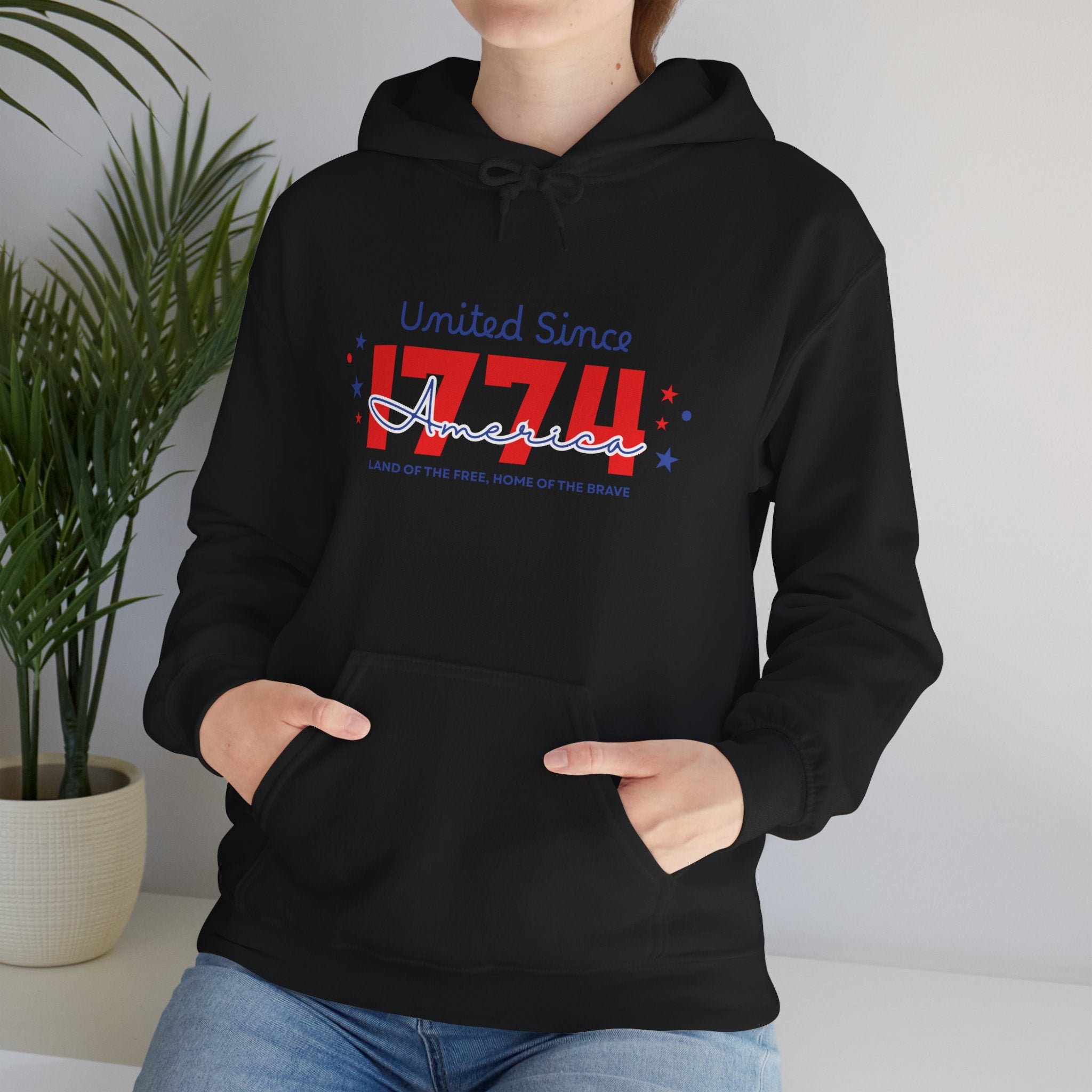 Patriotic Hooded Sweatshirt - United Since 1774, Unisex Pullover, 4th of July Gift, Cozy Fall Apparel, Red White Blue Hoodie