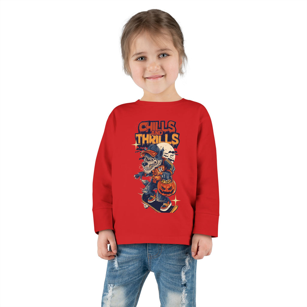 Toddler Long Sleeve Tee with Chills & Thrills Halloween Skater Design, Kids Fall Apparel, Halloween Outfit, Toddler Skate Tee, Fun [...]