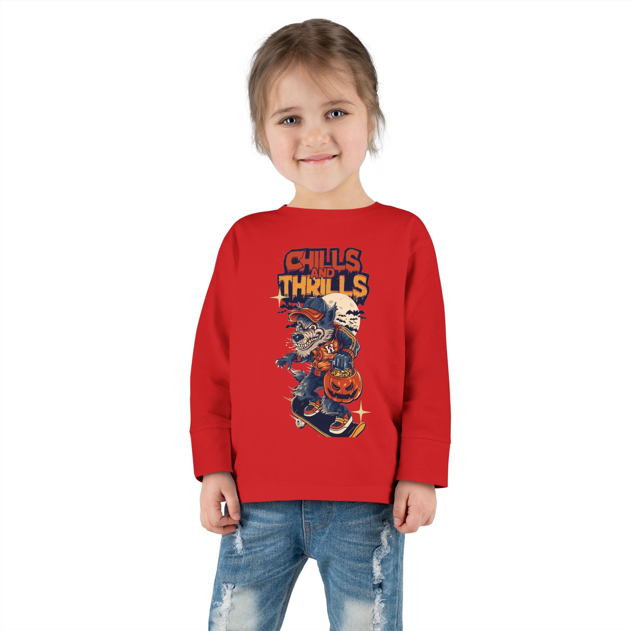 Toddler Long Sleeve Tee with Chills & Thrills Halloween Skater Design, Kids Fall Apparel, Halloween Outfit, Toddler Skate Tee, Fun [...]