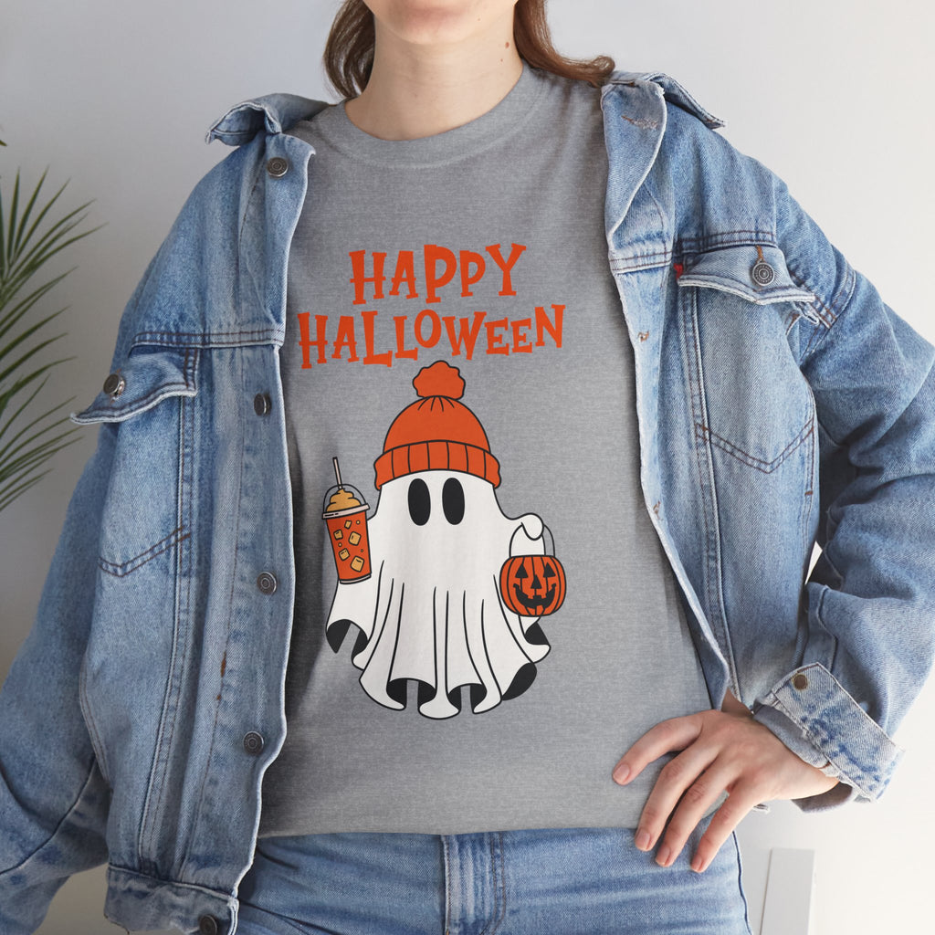 Happy Halloween Ghost Tee, Unisex Cotton T-Shirt, Halloween Apparel, Fall Fashion, Cute Halloween Gift, Ghost Tee
