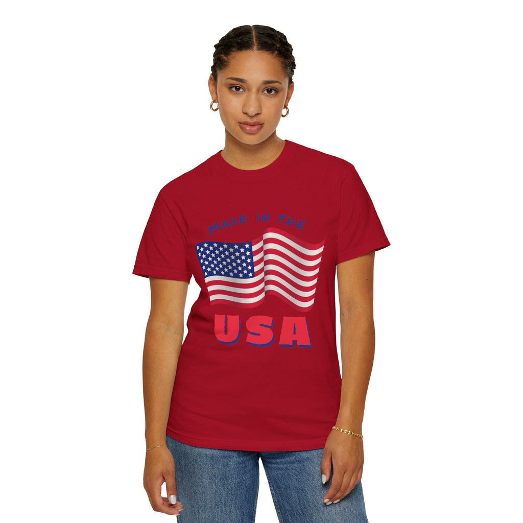 Patriotic T-Shirt for Celebrations, Made in the USA Tee, Unisex Garment-Dyed Shirt, July 4th Apparel, Red White Blue Tee