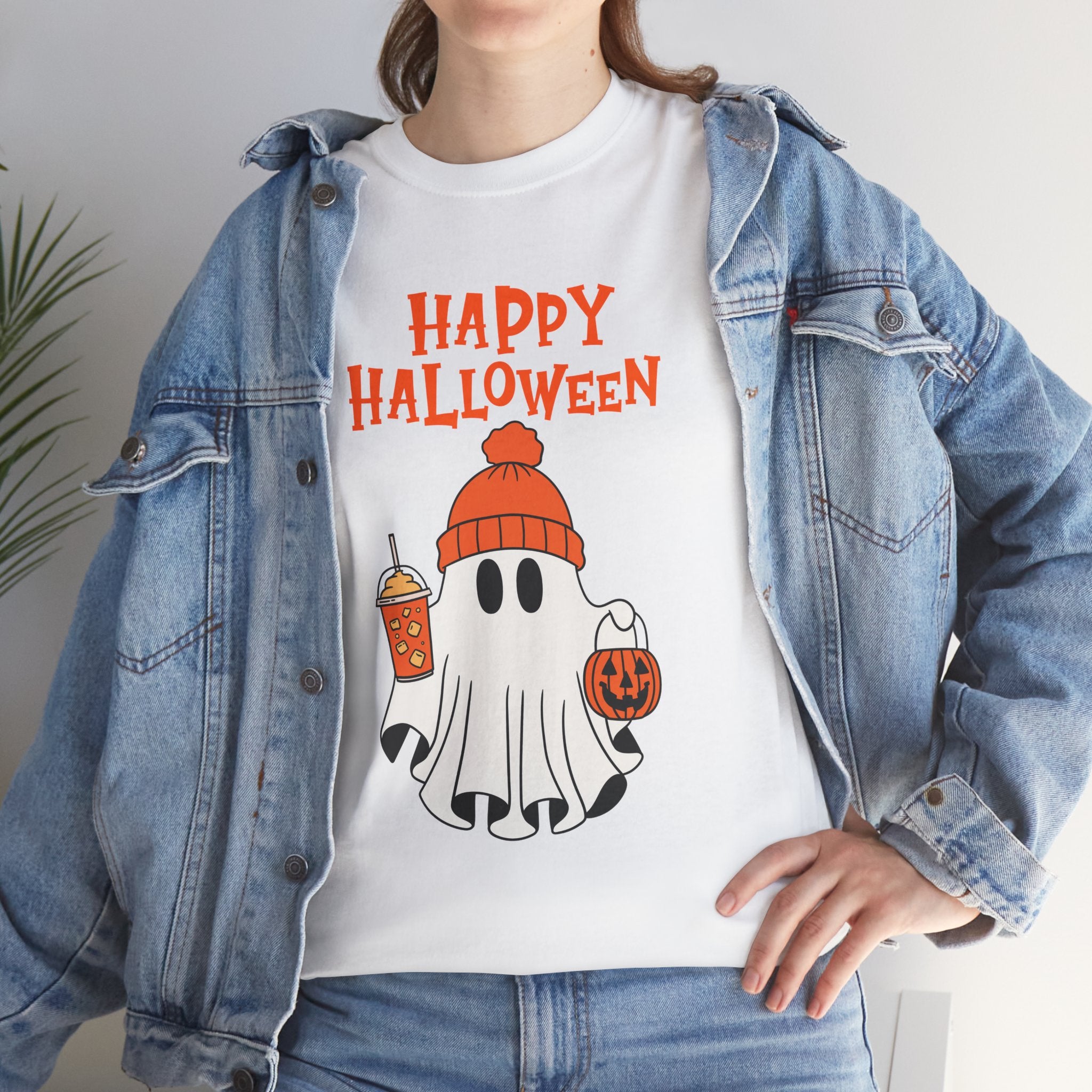 Happy Halloween Ghost Tee, Unisex Cotton T-Shirt, Halloween Apparel, Fall Fashion, Cute Halloween Gift, Ghost Tee