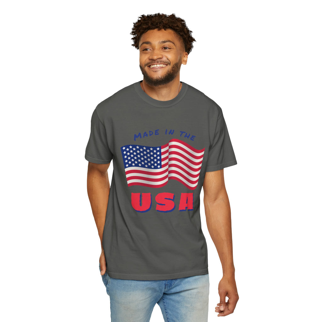 Patriotic T-Shirt for Celebrations, Made in the USA Tee, Unisex Garment-Dyed Shirt, July 4th Apparel, Red White Blue Tee