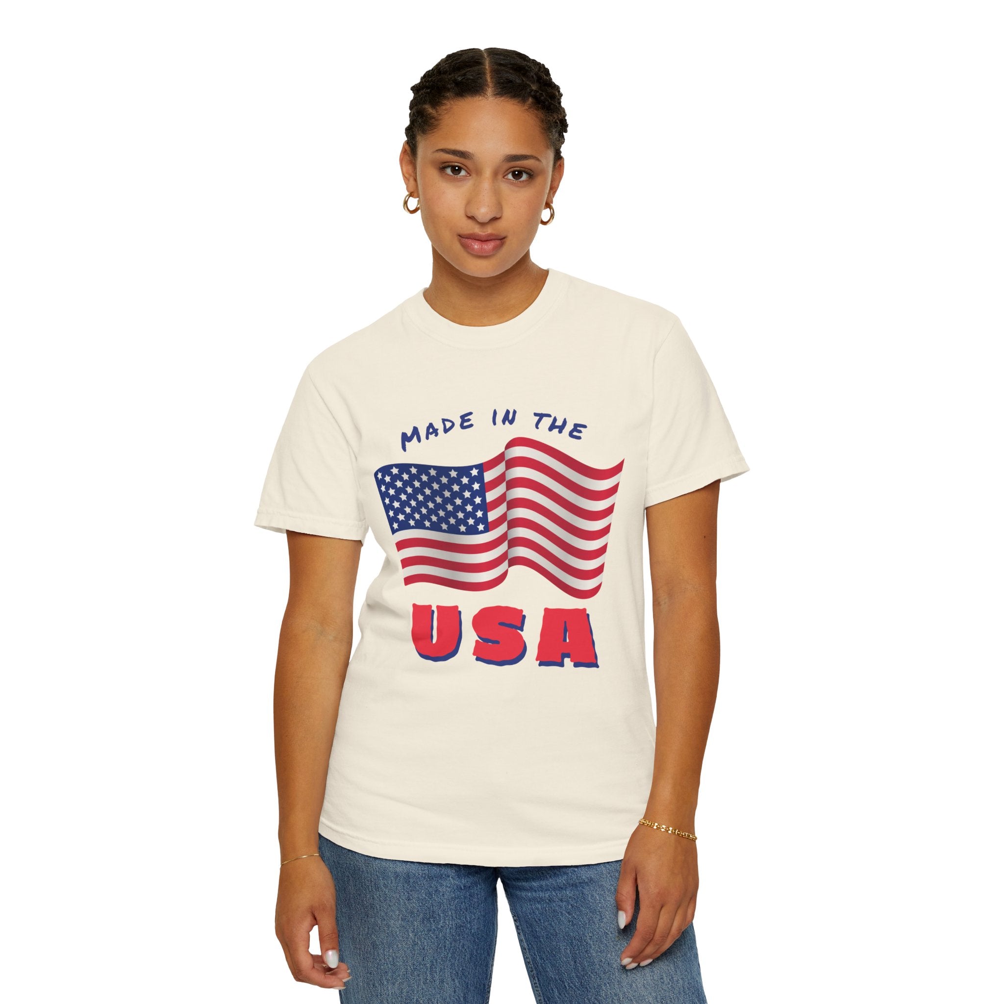 Patriotic T-Shirt for Celebrations, Made in the USA Tee, Unisex Garment-Dyed Shirt, July 4th Apparel, Red White Blue Tee