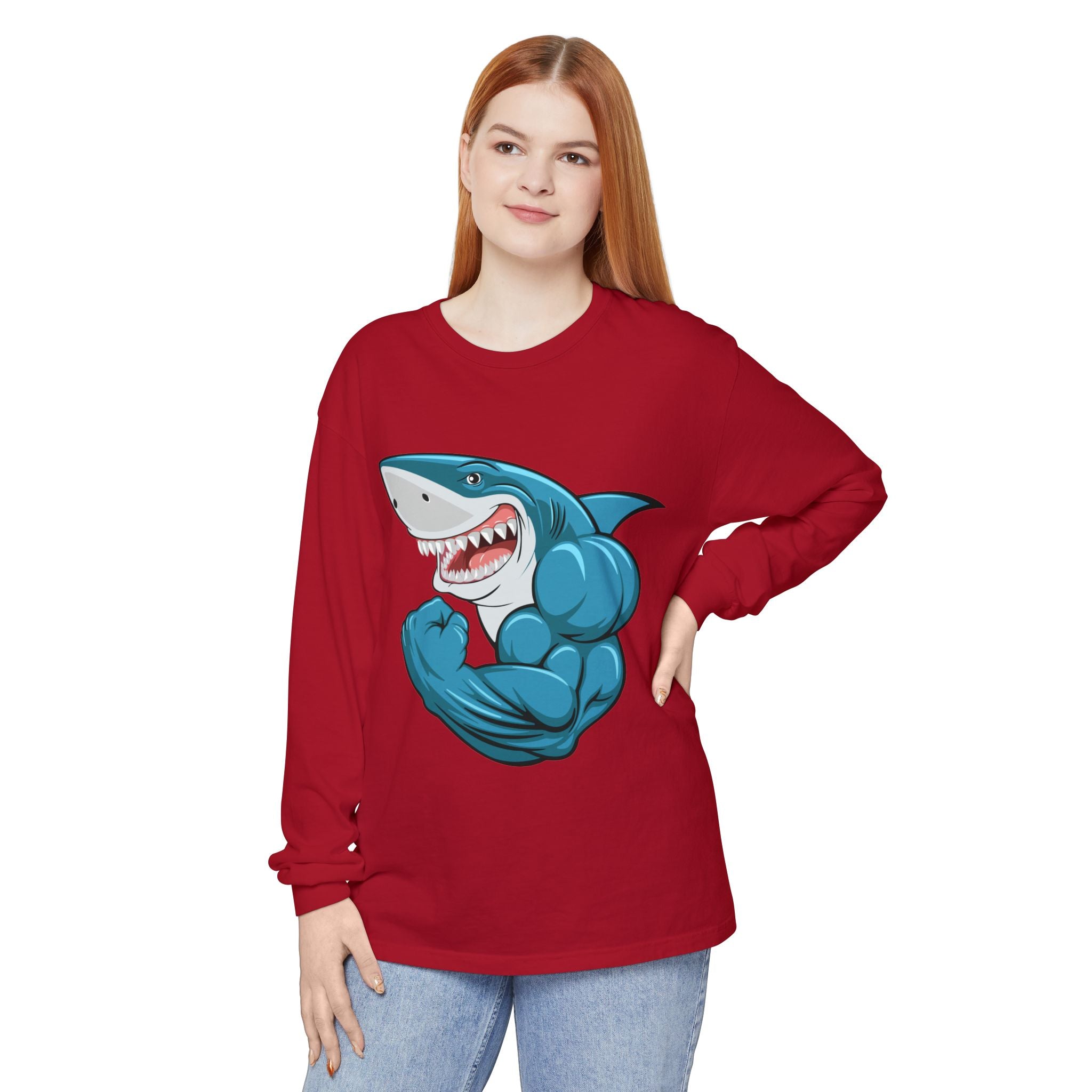 Muscle Shark Long Sleeve T-Shirt, Funny Shark Tee, Gym Humor Shirt, Gift for Ocean Lovers, Unique Workout Apparel
