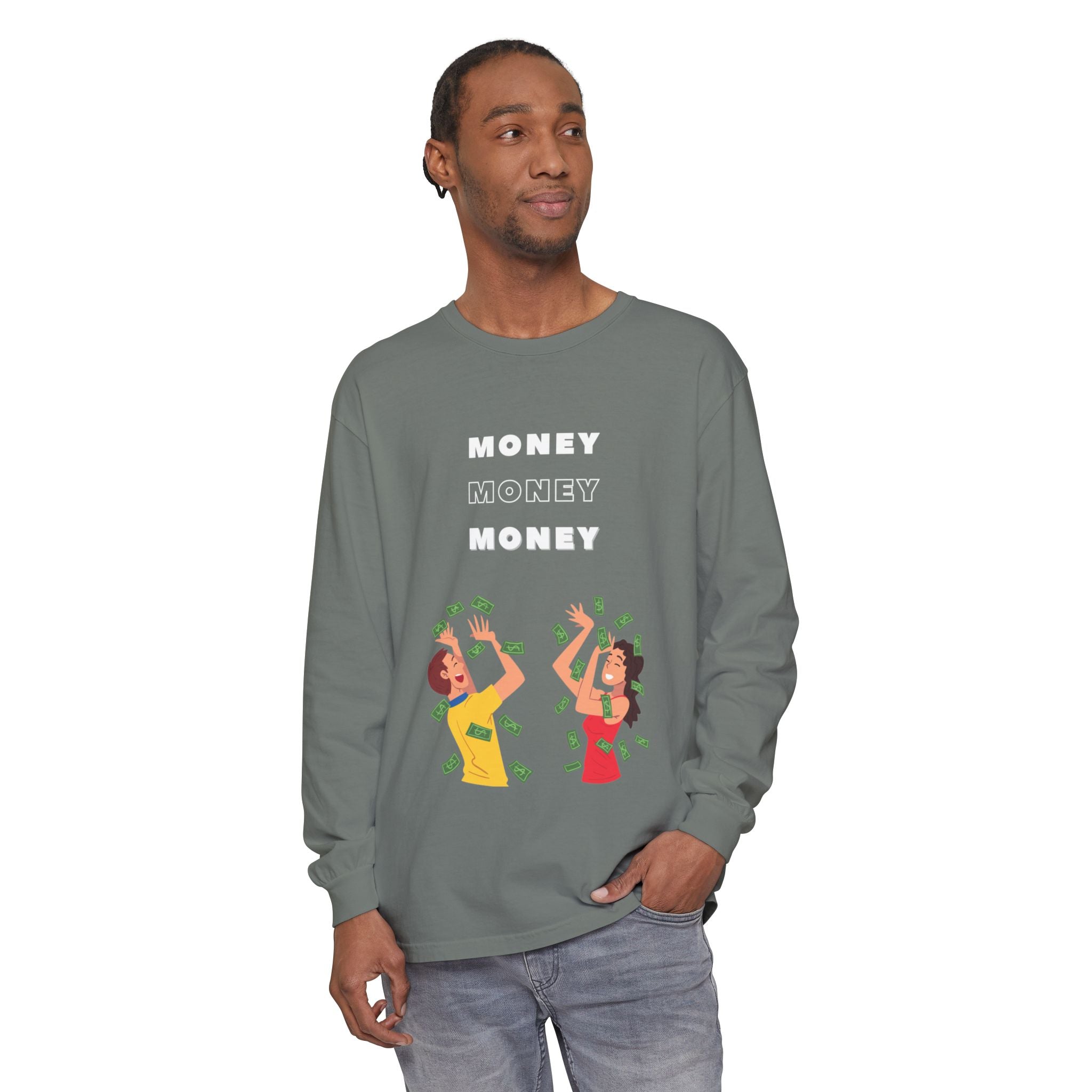 Money-Themed Long Sleeve T-Shirt, Funny Graphic Top, Gift for Finance Lovers, Casual Wear, Party Outfit, Unique Apparel