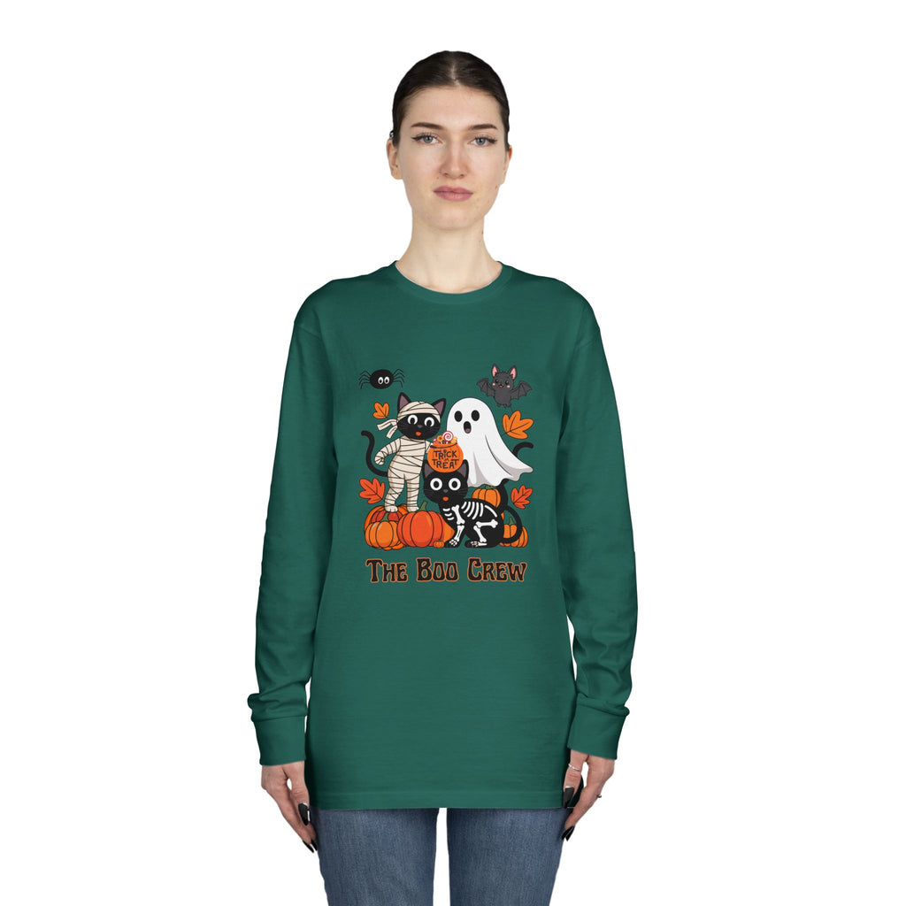 Halloween Long Sleeve Tee, Boo Crew Shirt, Cat Ghost Top, Fall Apparel, Spooky Season Clothing, Kids Halloween Outfit