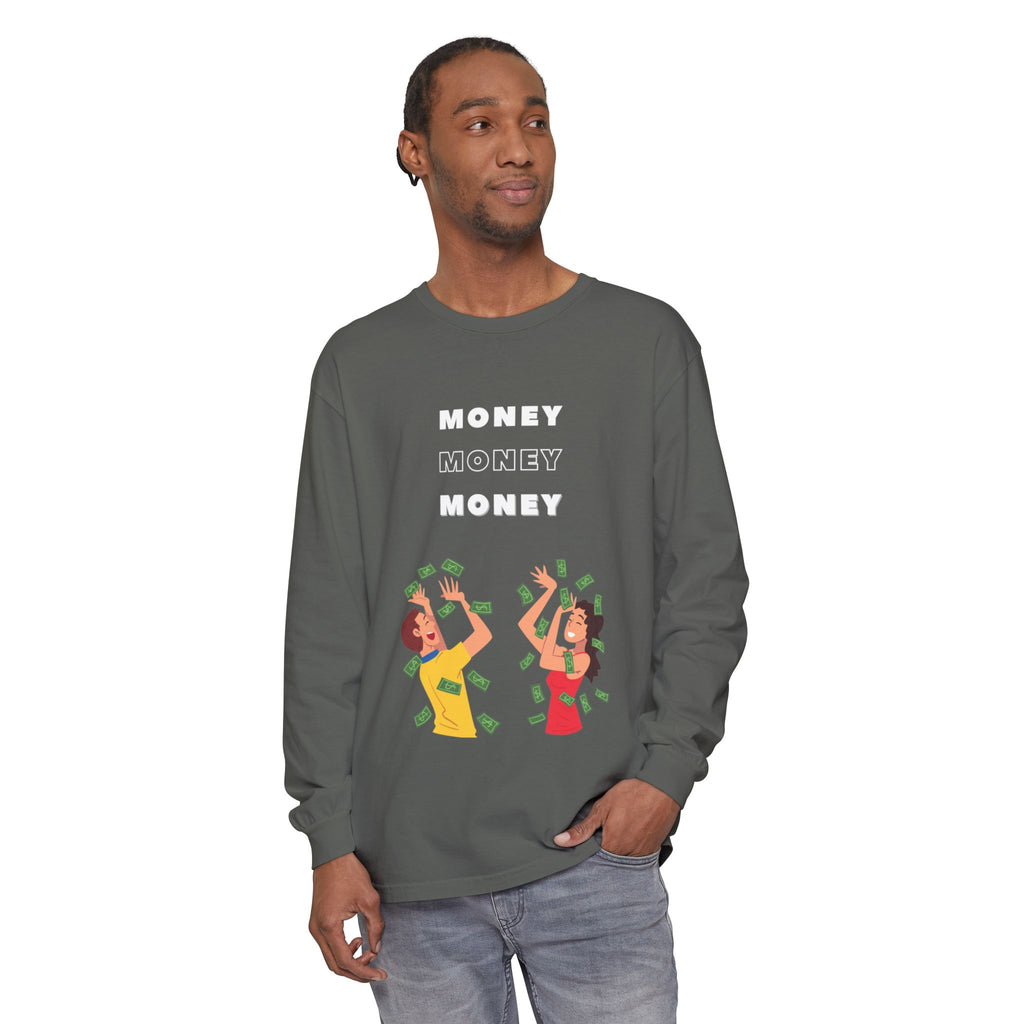Money-Themed Long Sleeve T-Shirt, Funny Graphic Top, Gift for Finance Lovers, Casual Wear, Party Outfit, Unique Apparel