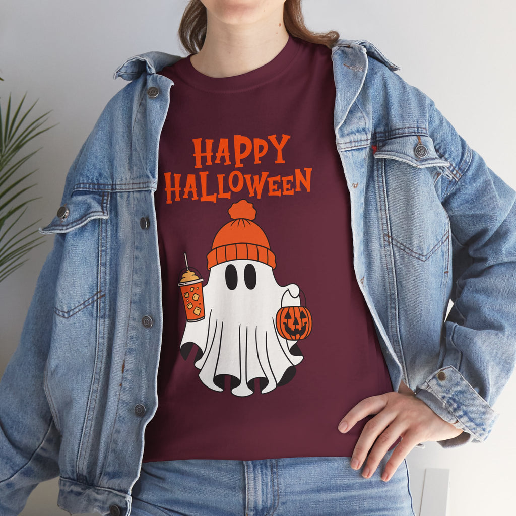 Happy Halloween Ghost Tee, Unisex Cotton T-Shirt, Halloween Apparel, Fall Fashion, Cute Halloween Gift, Ghost Tee