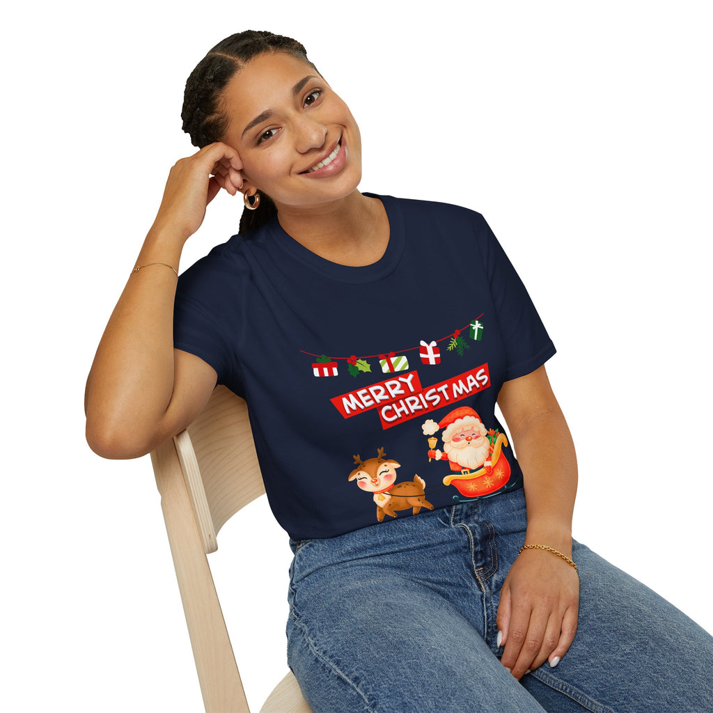 Christmas Cheer T-Shirt, Merry Christmas Tee, Festive Holiday Shirt, Unisex Christmas Apparel, Santa and Reindeer Design