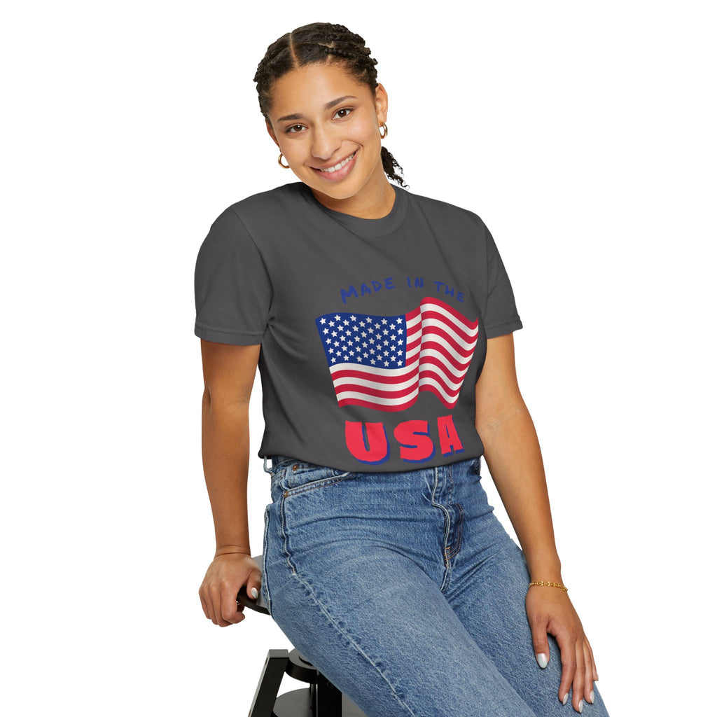 Patriotic T-Shirt for Celebrations, Made in the USA Tee, Unisex Garment-Dyed Shirt, July 4th Apparel, Red White Blue Tee