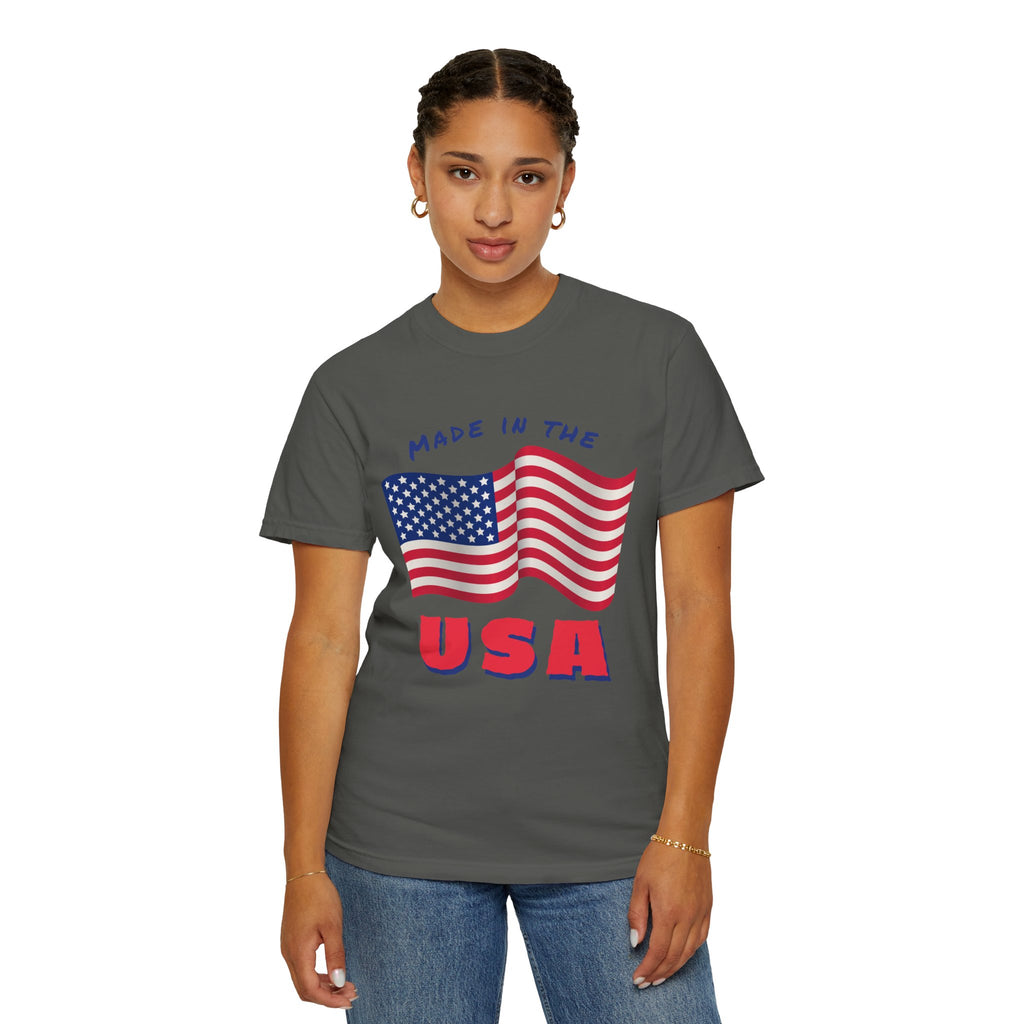 Patriotic T-Shirt for Celebrations, Made in the USA Tee, Unisex Garment-Dyed Shirt, July 4th Apparel, Red White Blue Tee
