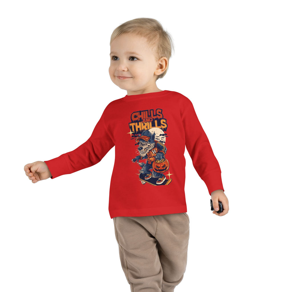 Toddler Long Sleeve Tee with Chills & Thrills Halloween Skater Design, Kids Fall Apparel, Halloween Outfit, Toddler Skate Tee, Fun [...]