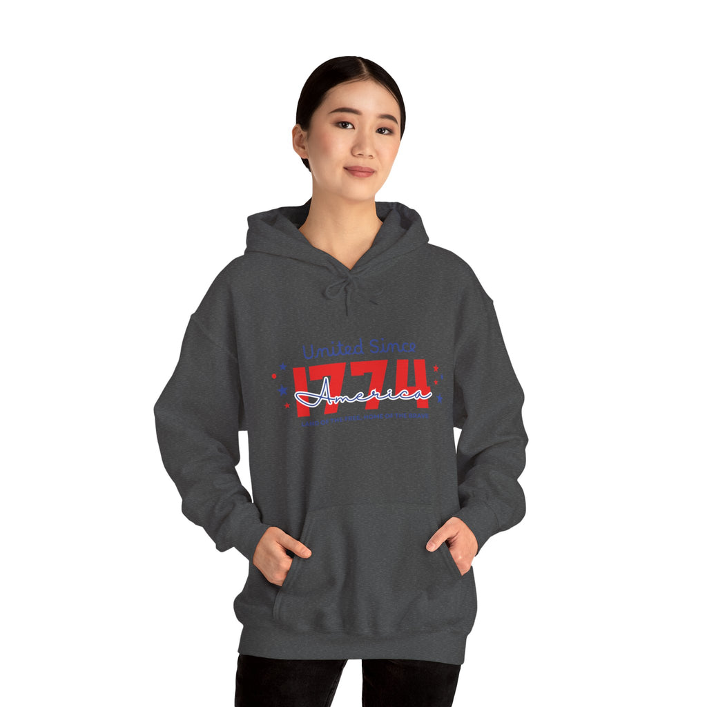Patriotic Hooded Sweatshirt - United Since 1774, Unisex Pullover, 4th of July Gift, Cozy Fall Apparel, Red White Blue Hoodie