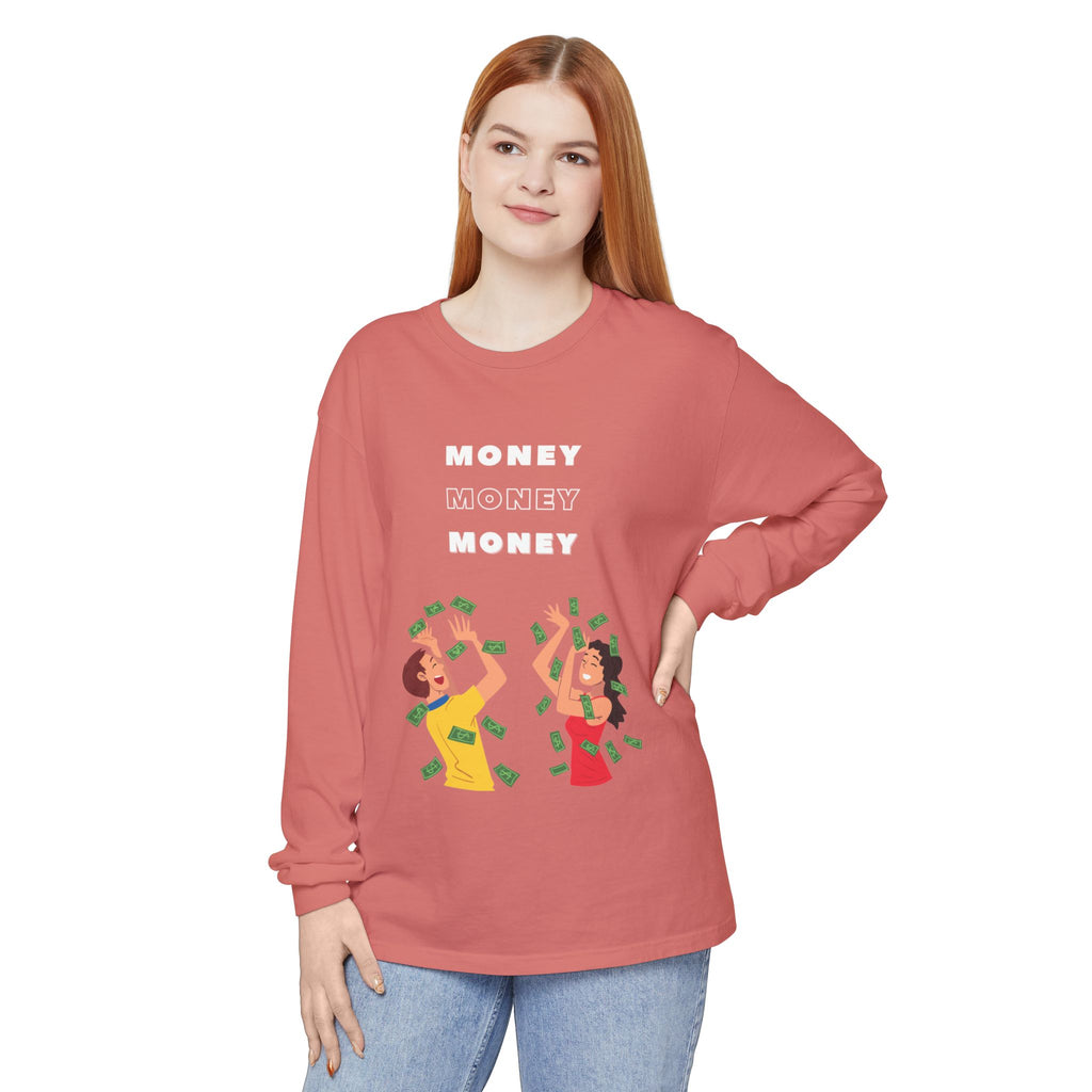 Money-Themed Long Sleeve T-Shirt, Funny Graphic Top, Gift for Finance Lovers, Casual Wear, Party Outfit, Unique Apparel