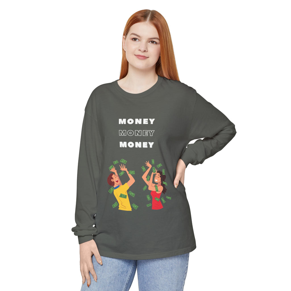 Money-Themed Long Sleeve T-Shirt, Funny Graphic Top, Gift for Finance Lovers, Casual Wear, Party Outfit, Unique Apparel