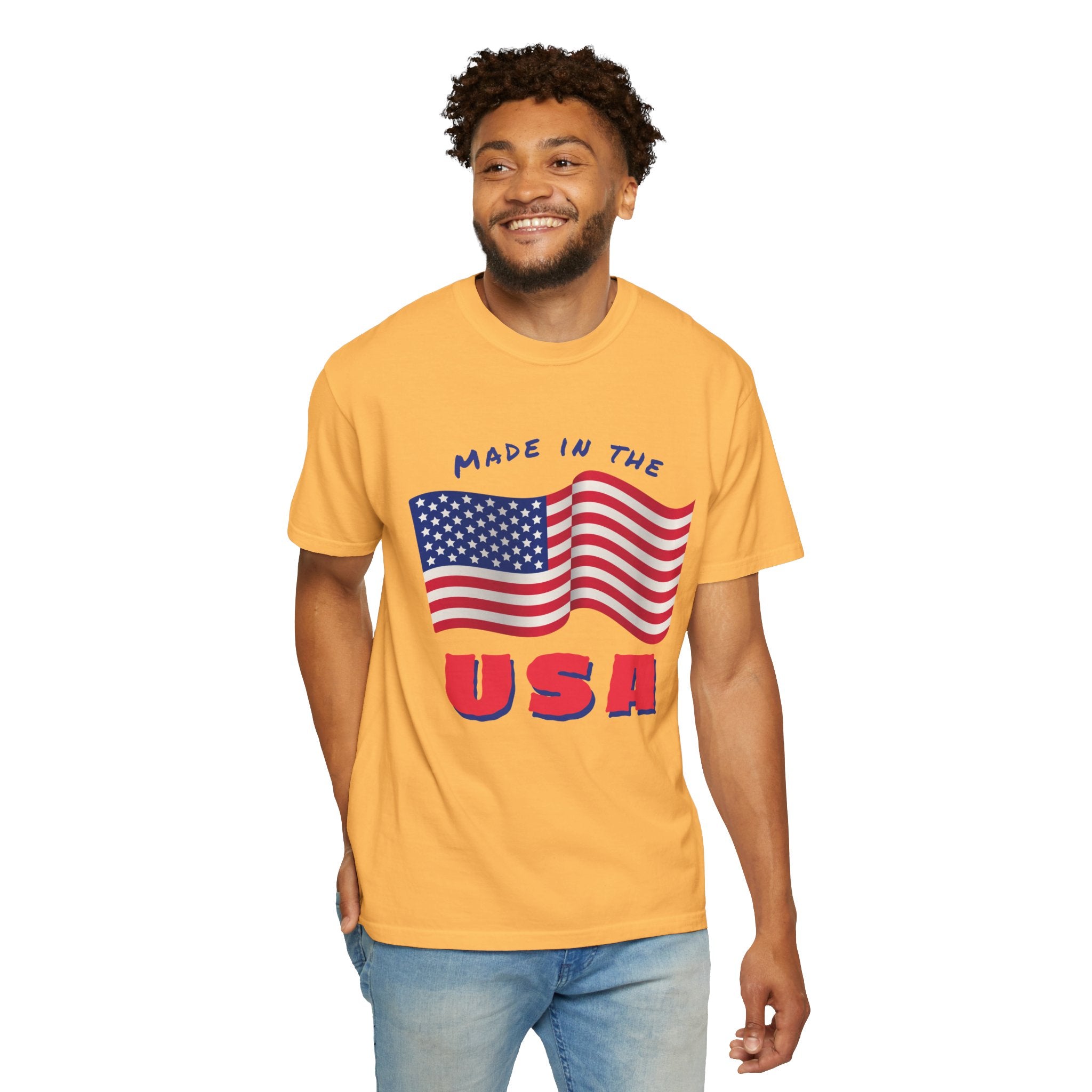Patriotic T-Shirt for Celebrations, Made in the USA Tee, Unisex Garment-Dyed Shirt, July 4th Apparel, Red White Blue Tee