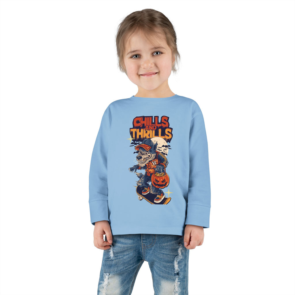 Toddler Long Sleeve Tee with Chills & Thrills Halloween Skater Design, Kids Fall Apparel, Halloween Outfit, Toddler Skate Tee, Fun [...]
