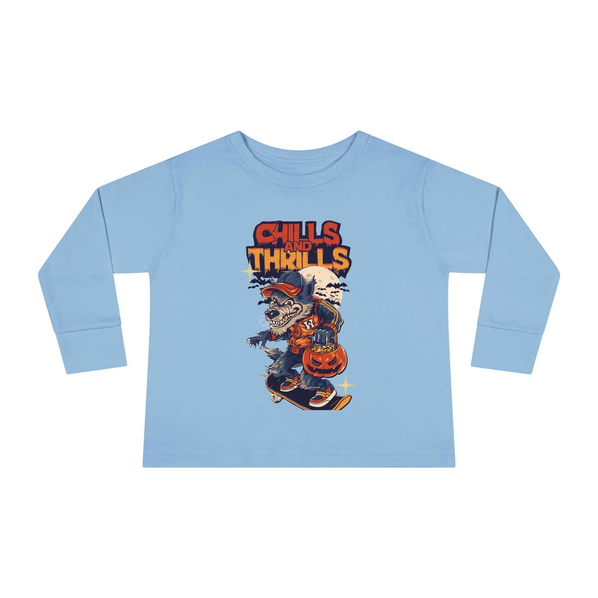 Toddler Long Sleeve Tee with Chills & Thrills Halloween Skater Design, Kids Fall Apparel, Halloween Outfit, Toddler Skate Tee, Fun [...]