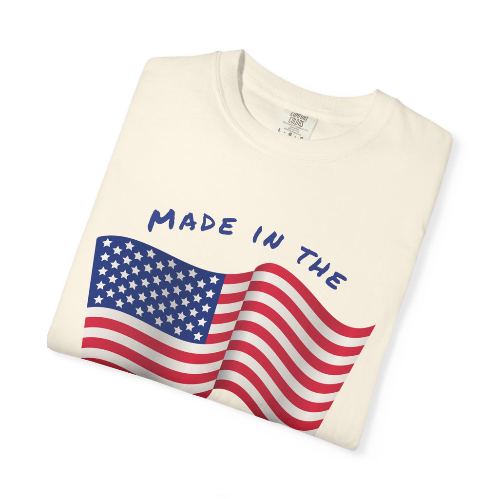 Patriotic T-Shirt for Celebrations, Made in the USA Tee, Unisex Garment-Dyed Shirt, July 4th Apparel, Red White Blue Tee