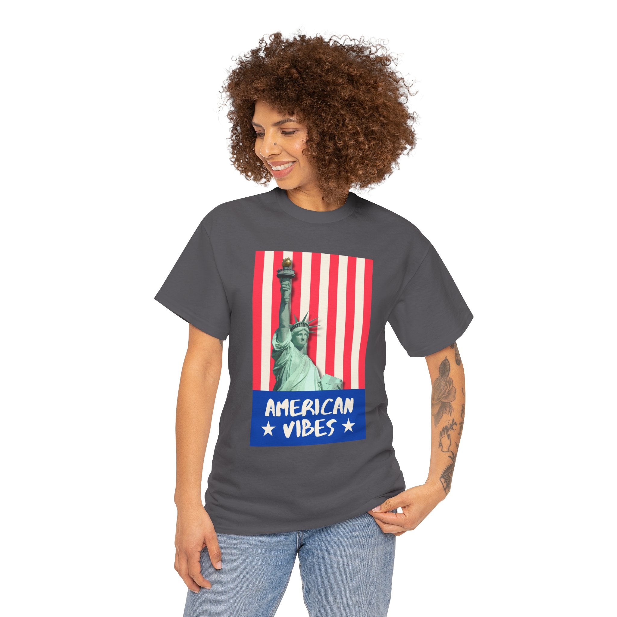 American Vibes Unisex Heavy Cotton Tee, Patriotic Shirt, Gift for Veterans, Independence Day Apparel, Summer Casual Wear