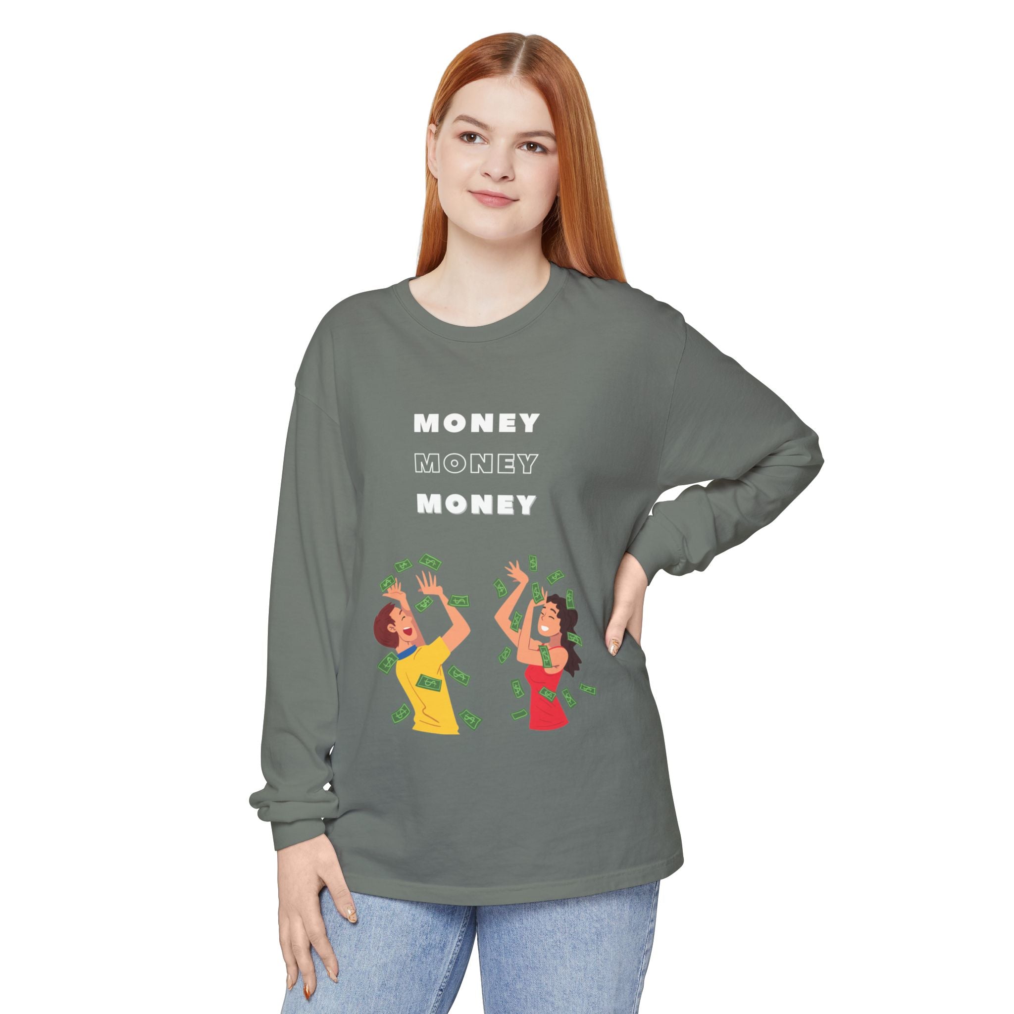 Money-Themed Long Sleeve T-Shirt, Funny Graphic Top, Gift for Finance Lovers, Casual Wear, Party Outfit, Unique Apparel