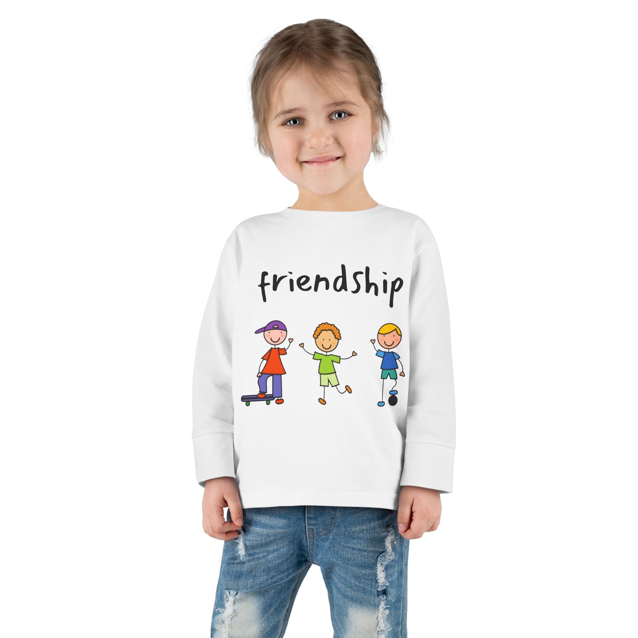 Toddler Long Sleeve Tee - Cute Cartoon Friendship Shirt for Kids, Perfect Birthday Gift, Playtime Comfort, Toddler Apparel