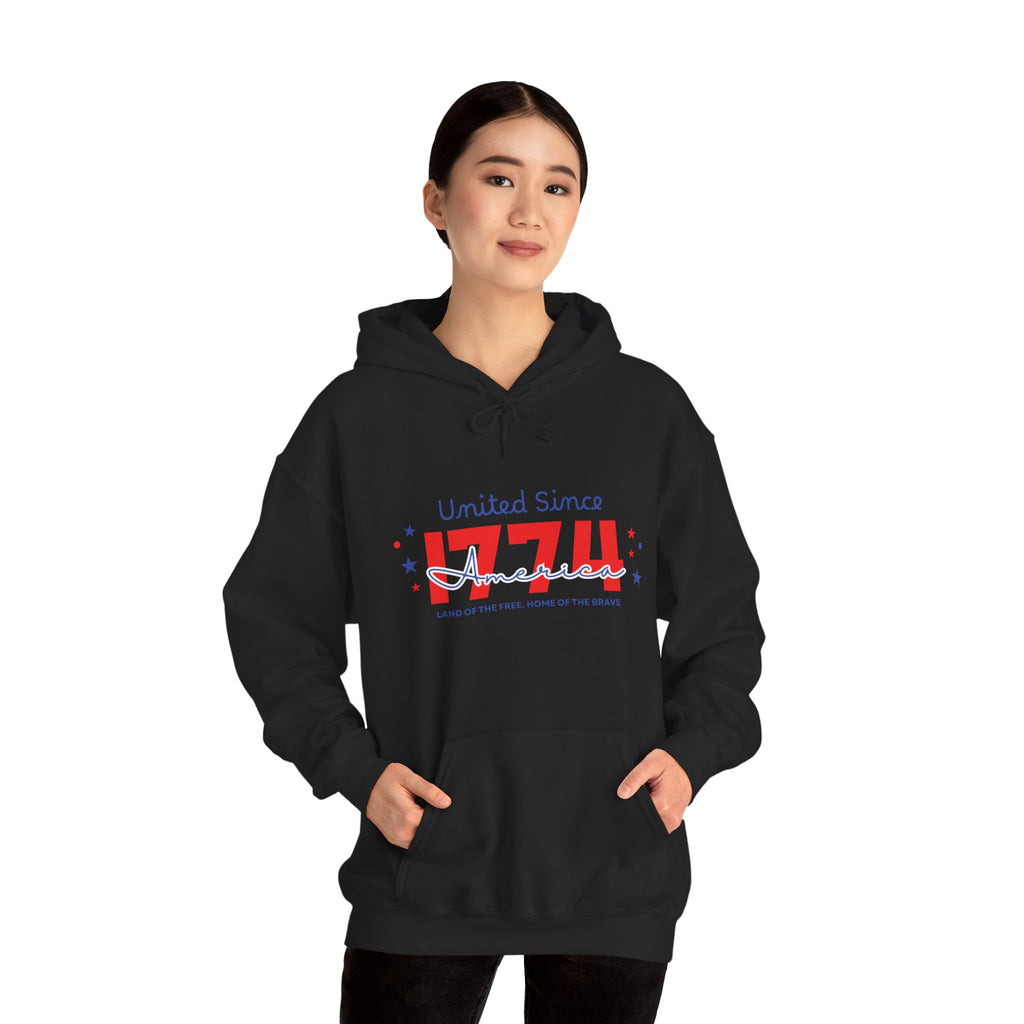 Patriotic Hooded Sweatshirt - United Since 1774, Unisex Pullover, 4th of July Gift, Cozy Fall Apparel, Red White Blue Hoodie