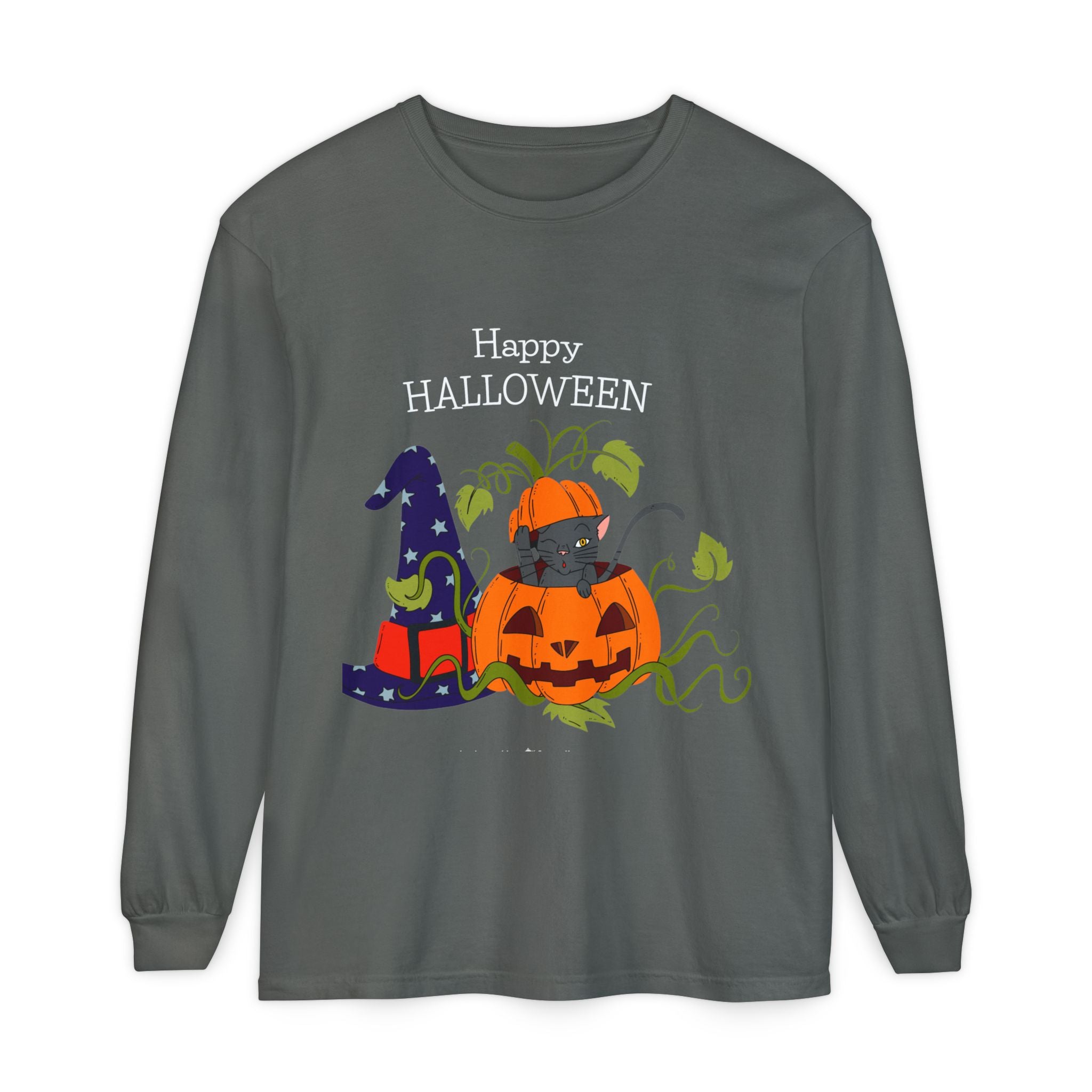Happy Halloween Cat Long Sleeve T-Shirt, Unisex Halloween Shirt, Spooky Seasonal Apparel, Cute Trick or Treat Tee, Fall Festive Wear