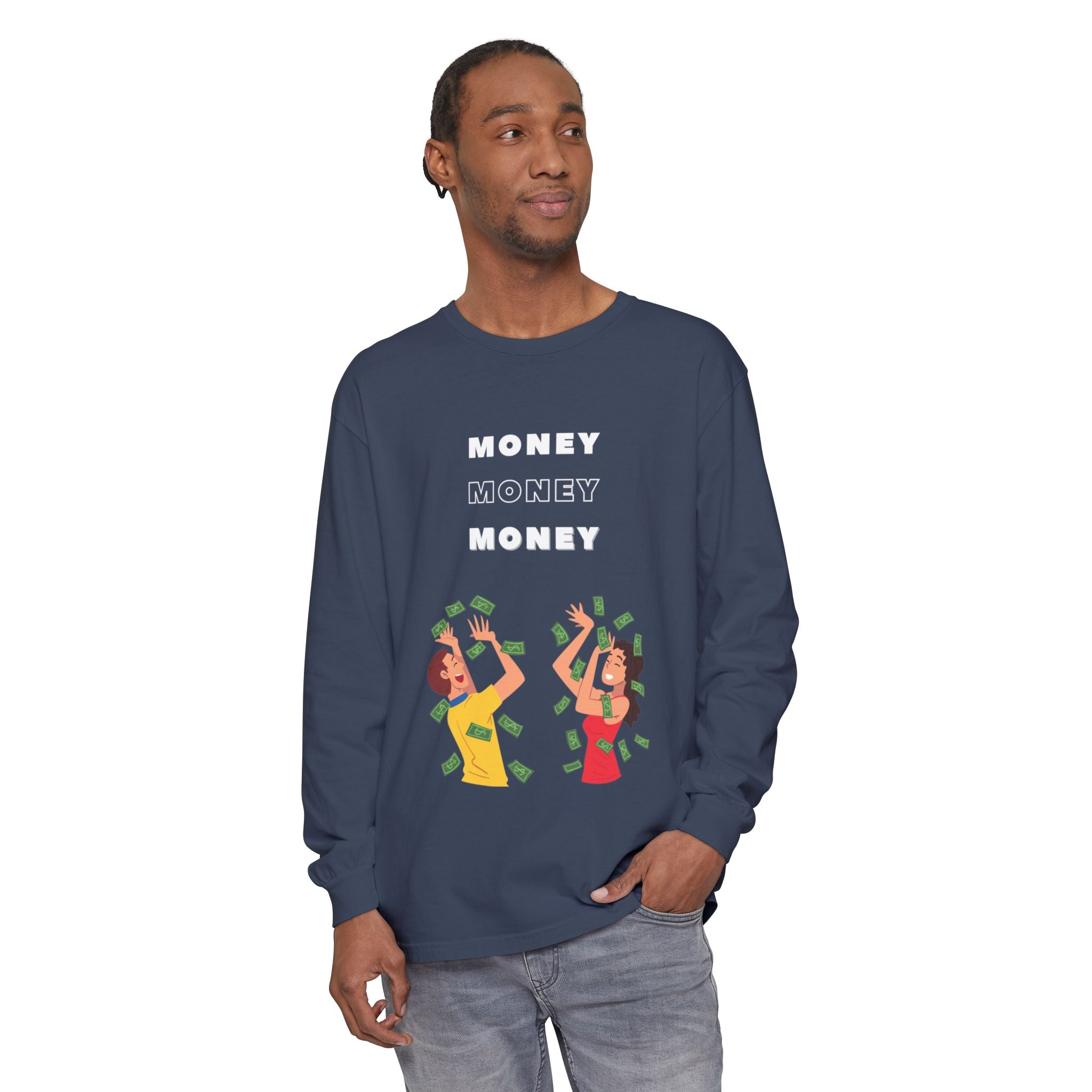 Money-Themed Long Sleeve T-Shirt, Funny Graphic Top, Gift for Finance Lovers, Casual Wear, Party Outfit, Unique Apparel