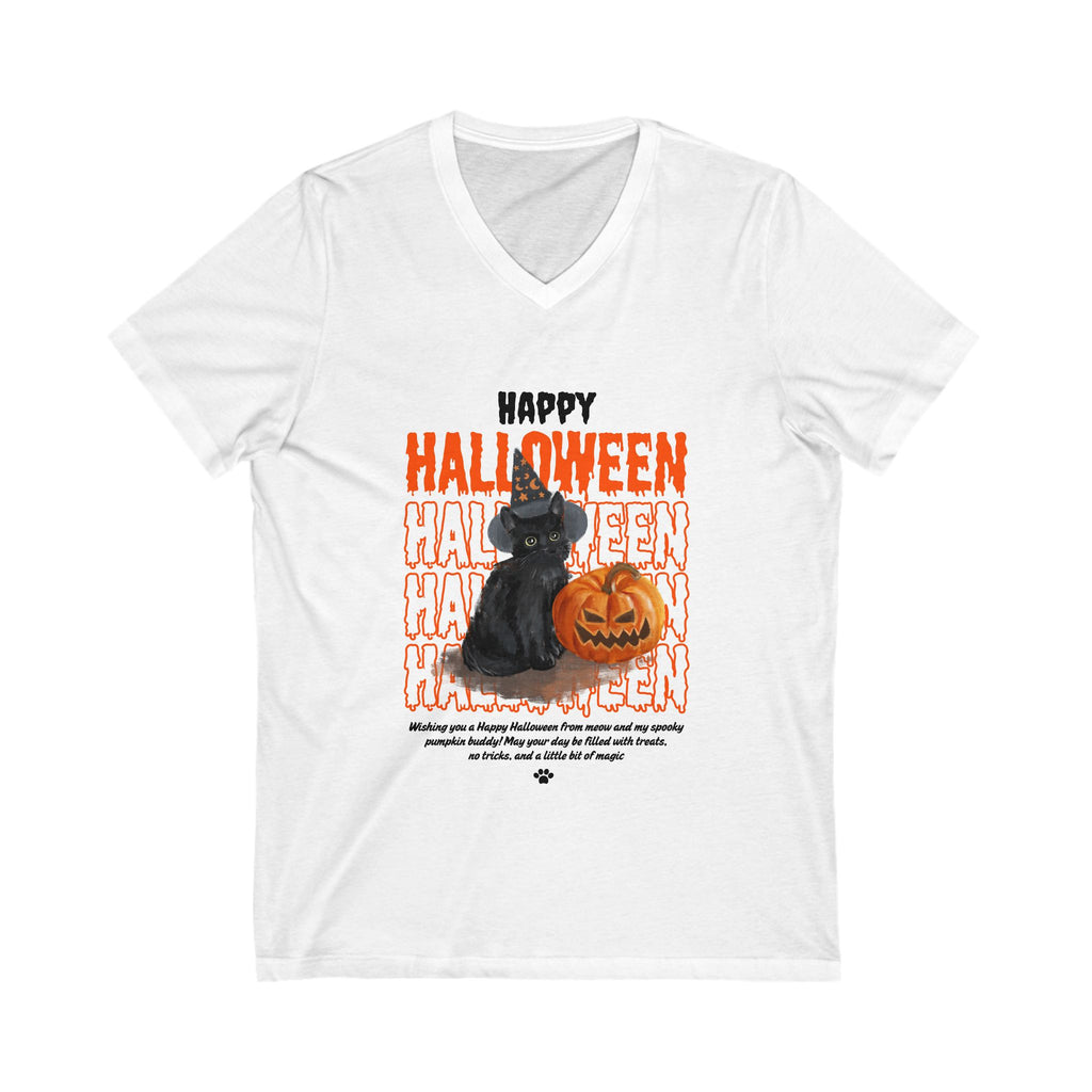 Happy Halloween Black Cat & Pumpkin Unisex Jersey Short Sleeve V-Neck Tee