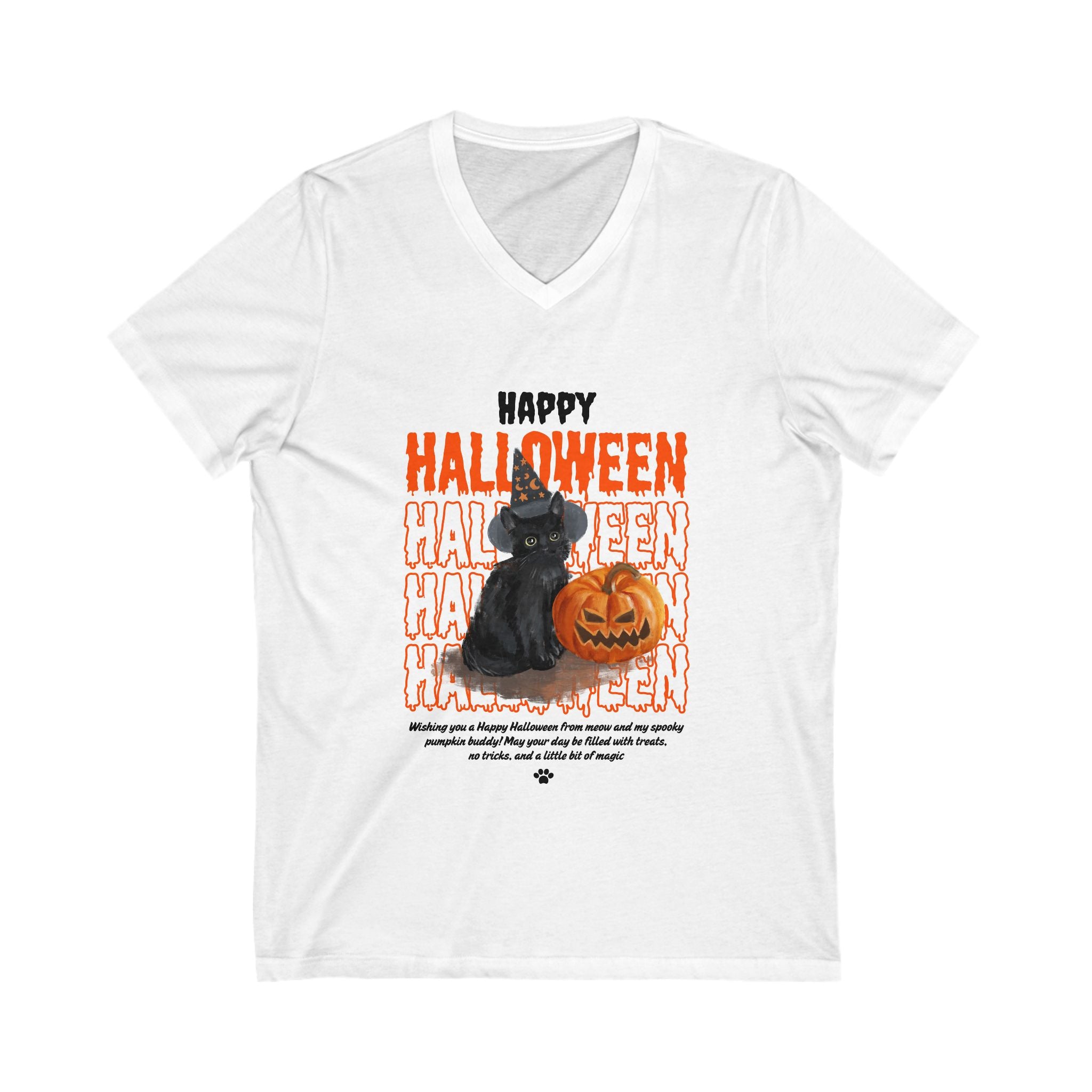 Happy Halloween Black Cat & Pumpkin Unisex Jersey Short Sleeve V-Neck Tee
