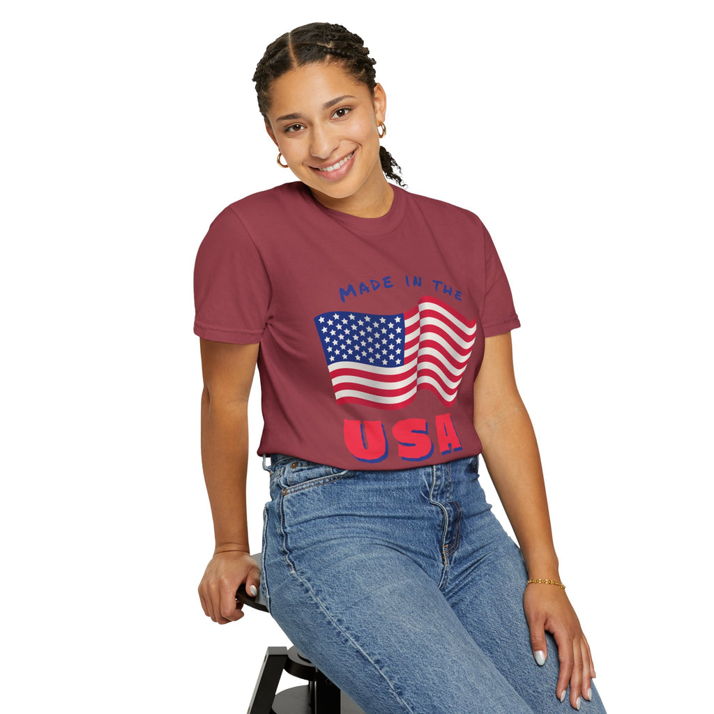 Patriotic T-Shirt for Celebrations, Made in the USA Tee, Unisex Garment-Dyed Shirt, July 4th Apparel, Red White Blue Tee