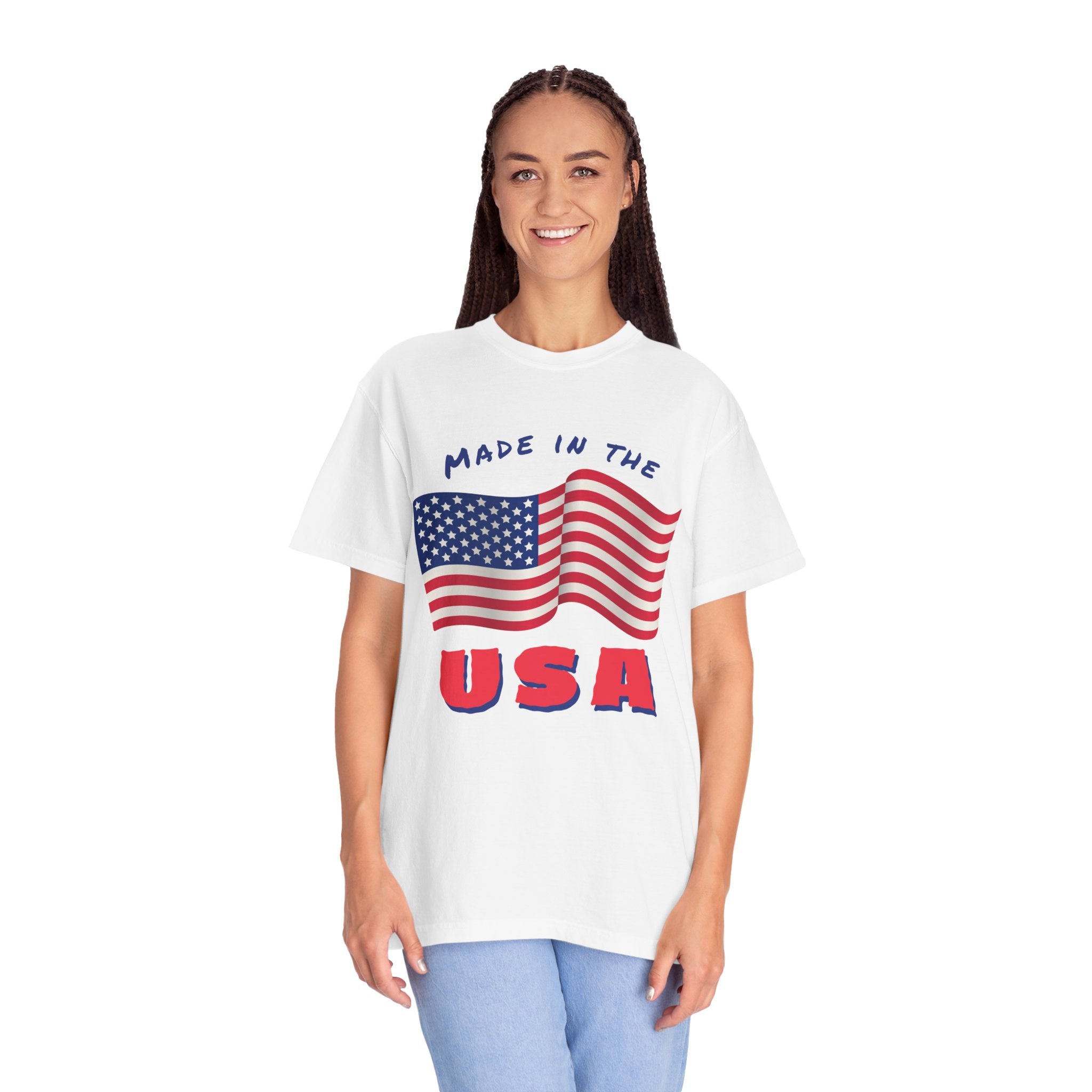Patriotic T-Shirt for Celebrations, Made in the USA Tee, Unisex Garment-Dyed Shirt, July 4th Apparel, Red White Blue Tee