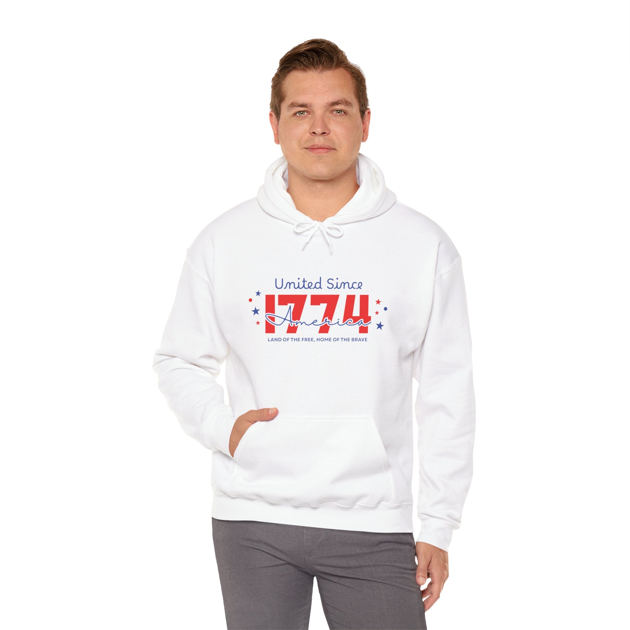 Patriotic Hooded Sweatshirt - United Since 1774, Unisex Pullover, 4th of July Gift, Cozy Fall Apparel, Red White Blue Hoodie