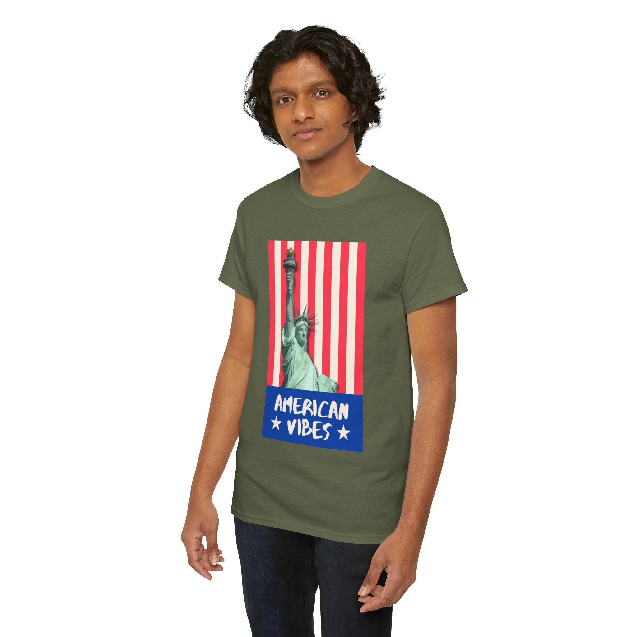 American Vibes Unisex Heavy Cotton Tee, Patriotic Shirt, Gift for Veterans, Independence Day Apparel, Summer Casual Wear