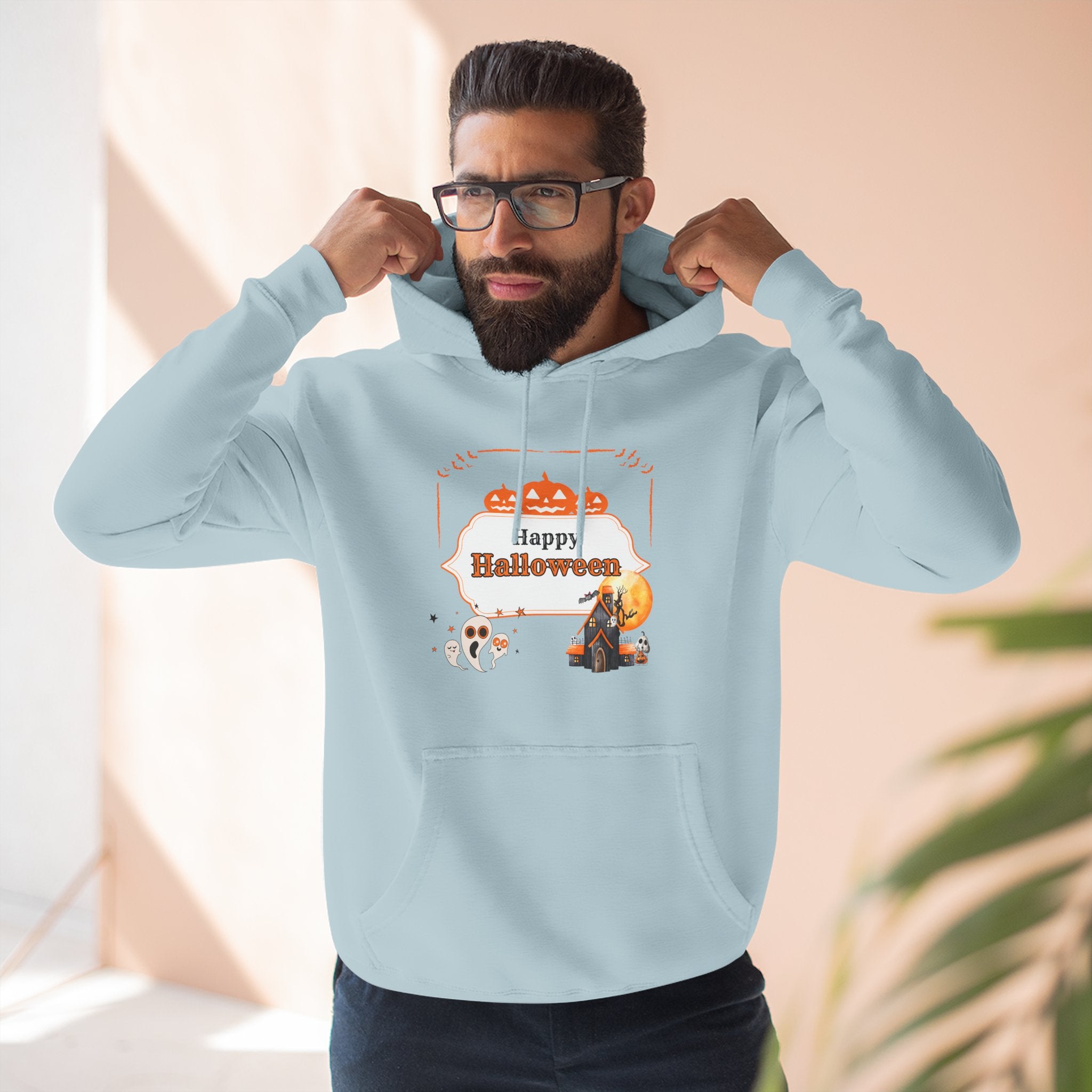 Happy Halloween Three-Panel Fleece Hoodie, Cozy Halloween Sweatshirt, Fall Fashion, Autumn Gift, Seasonal Apparel