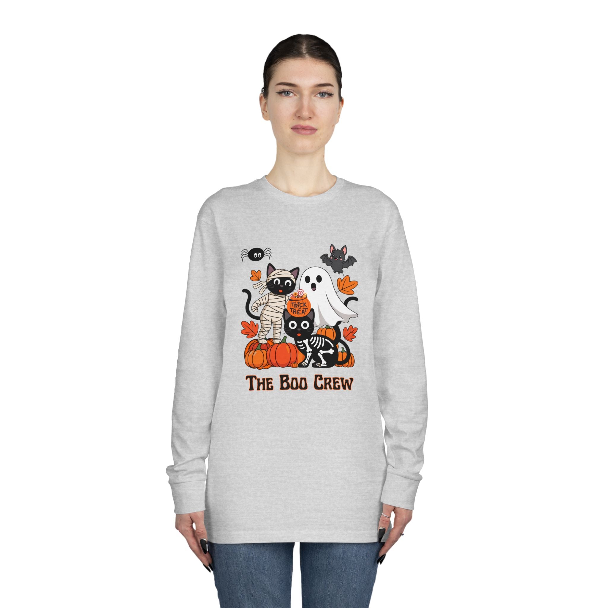 Halloween Long Sleeve Tee, Boo Crew Shirt, Cat Ghost Top, Fall Apparel, Spooky Season Clothing, Kids Halloween Outfit