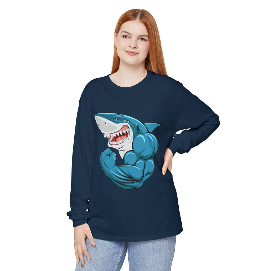 Muscle Shark Long Sleeve T-Shirt, Funny Shark Tee, Gym Humor Shirt, Gift for Ocean Lovers, Unique Workout Apparel