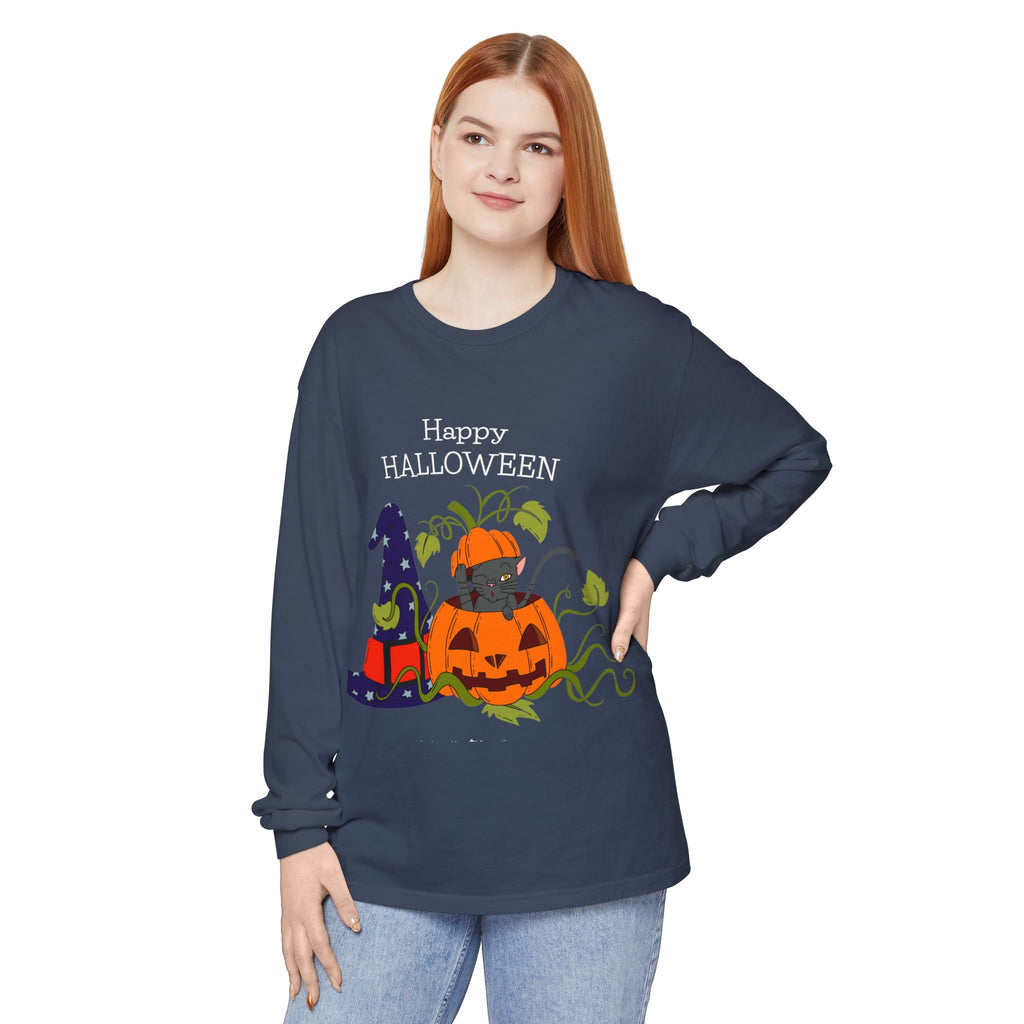 Happy Halloween Cat Long Sleeve T-Shirt, Unisex Halloween Shirt, Spooky Seasonal Apparel, Cute Trick or Treat Tee, Fall Festive Wear