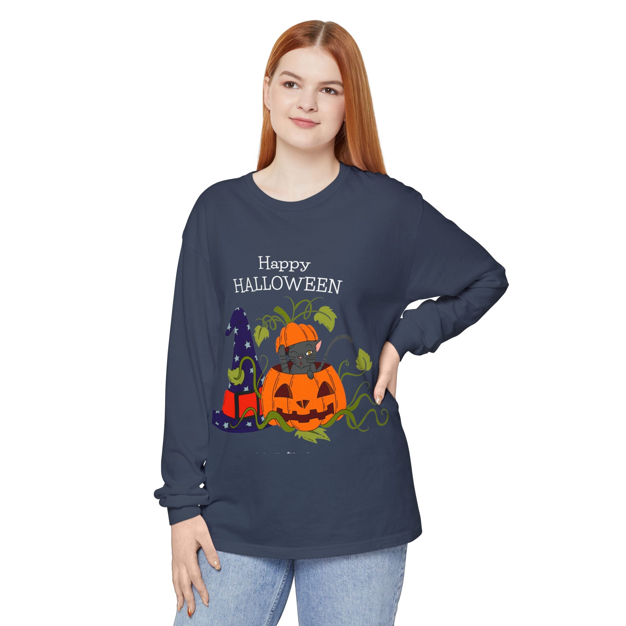 Happy Halloween Cat Long Sleeve T-Shirt, Unisex Halloween Shirt, Spooky Seasonal Apparel, Cute Trick or Treat Tee, Fall Festive Wear