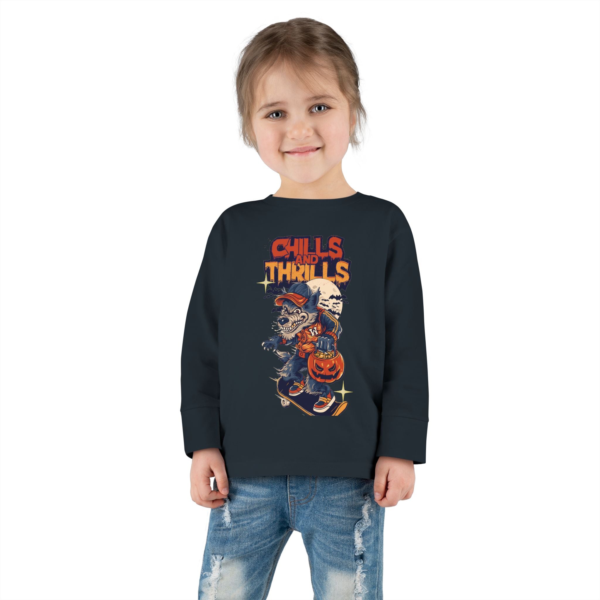 Toddler Long Sleeve Tee with Chills & Thrills Halloween Skater Design, Kids Fall Apparel, Halloween Outfit, Toddler Skate Tee, Fun [...]