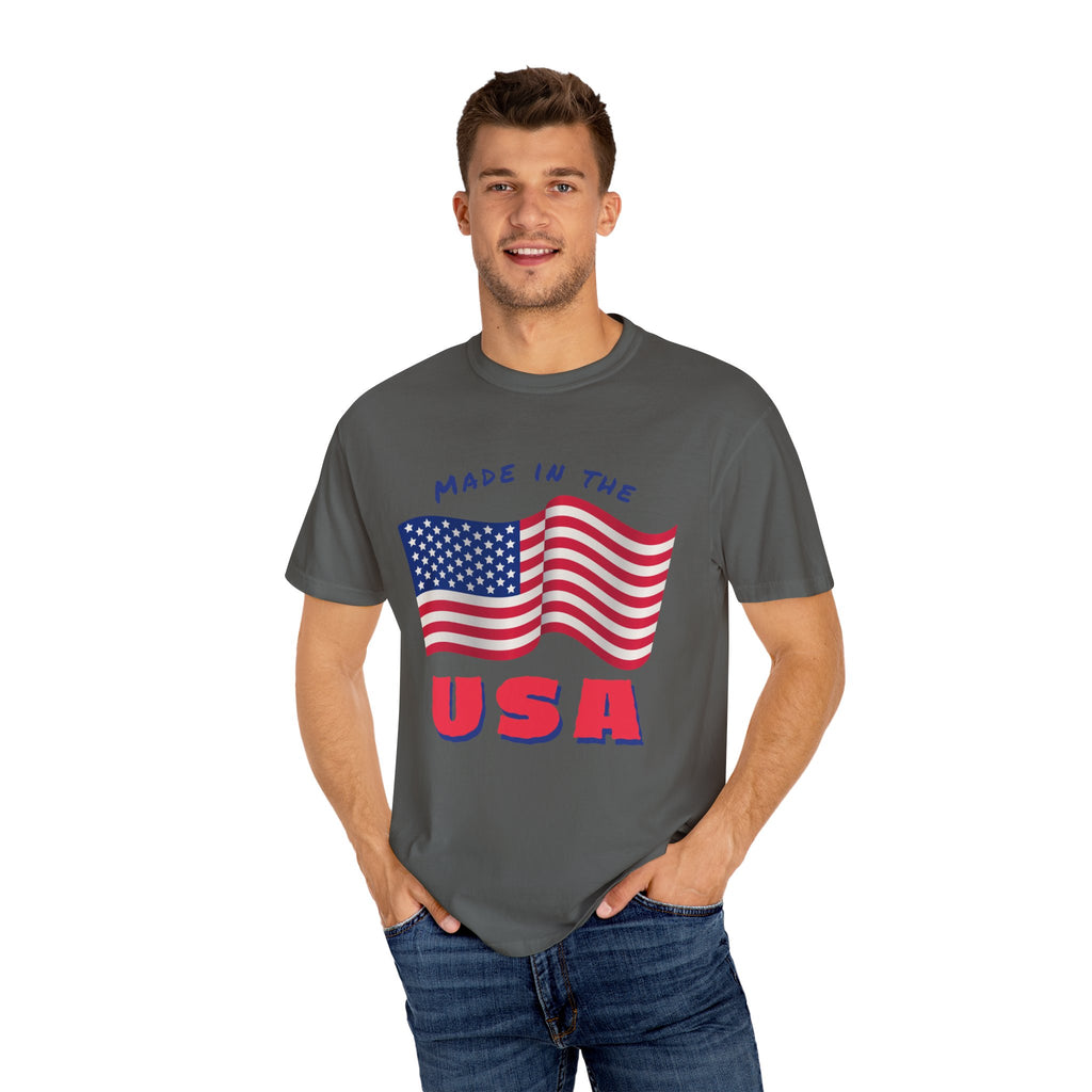 Patriotic T-Shirt for Celebrations, Made in the USA Tee, Unisex Garment-Dyed Shirt, July 4th Apparel, Red White Blue Tee