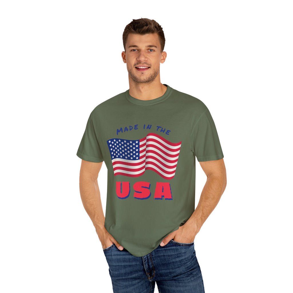 Patriotic T-Shirt for Celebrations, Made in the USA Tee, Unisex Garment-Dyed Shirt, July 4th Apparel, Red White Blue Tee