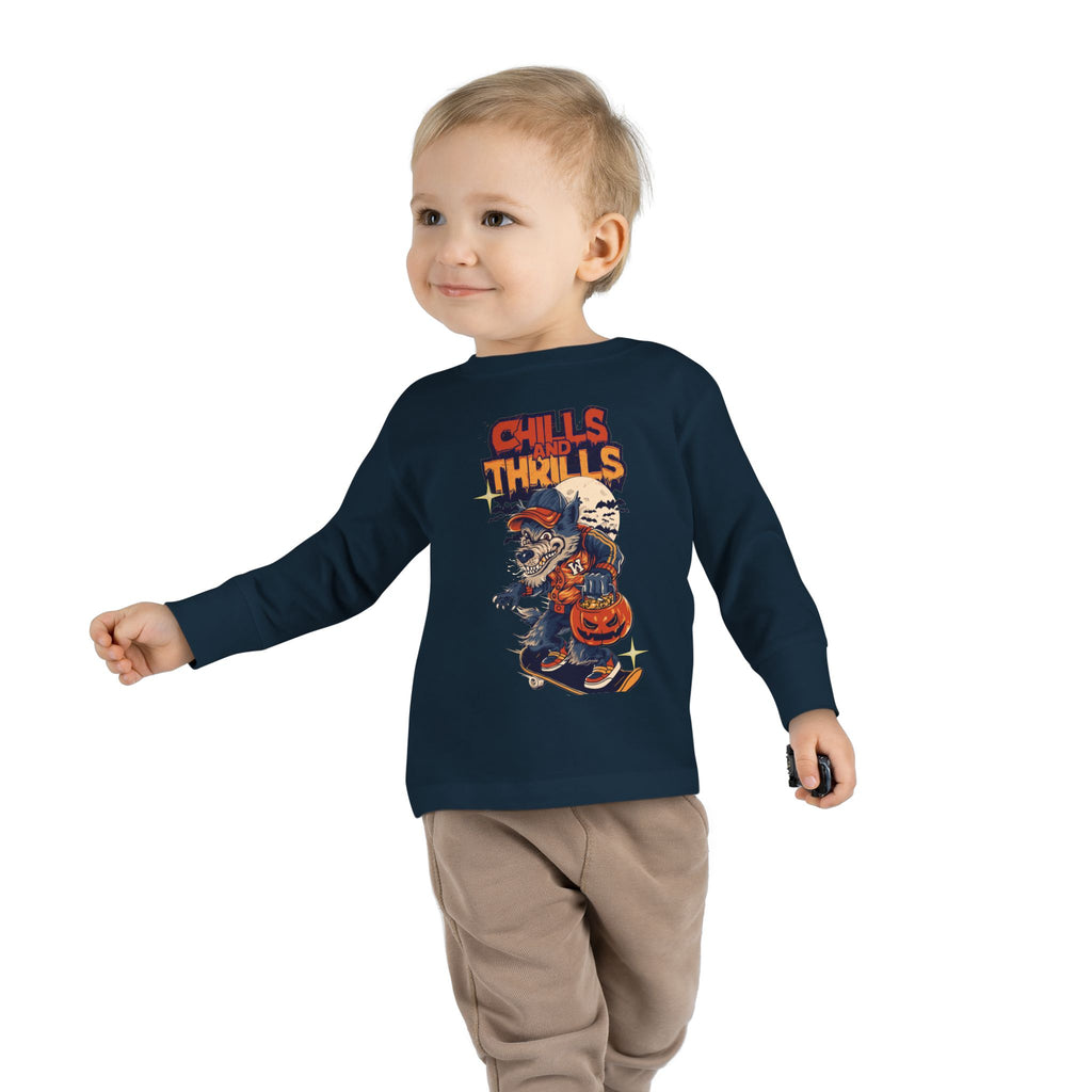 Toddler Long Sleeve Tee with Chills & Thrills Halloween Skater Design, Kids Fall Apparel, Halloween Outfit, Toddler Skate Tee, Fun [...]