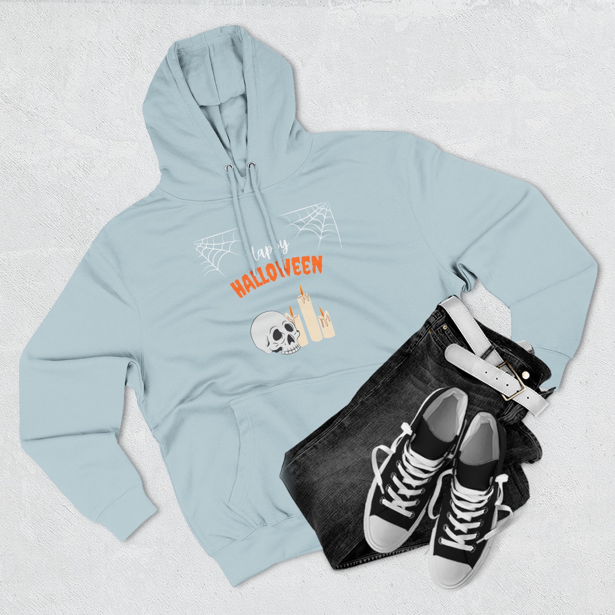 Halloween Three-Panel Fleece Hoodie | Cozy Fall Apparel, Spooky Season Gift, Casual Sweatshirt, Pumpkin Design, Halloween Costume