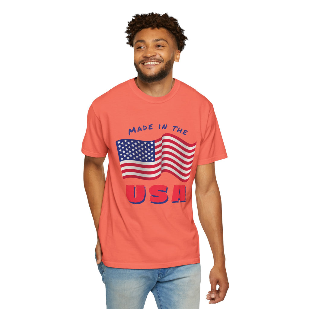 Patriotic T-Shirt for Celebrations, Made in the USA Tee, Unisex Garment-Dyed Shirt, July 4th Apparel, Red White Blue Tee