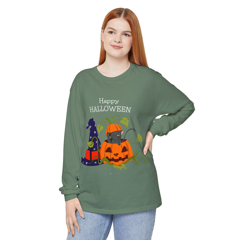 Happy Halloween Cat Long Sleeve T-Shirt, Unisex Halloween Shirt, Spooky Seasonal Apparel, Cute Trick or Treat Tee, Fall Festive Wear